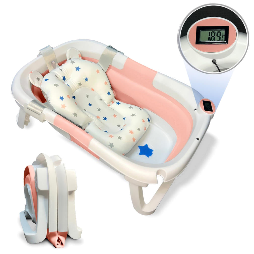 Bathby Bañera Bebé Plegable Con Termómetro, Cojín Antideslizante, Patas Antideslizantes (rosa Oasis)