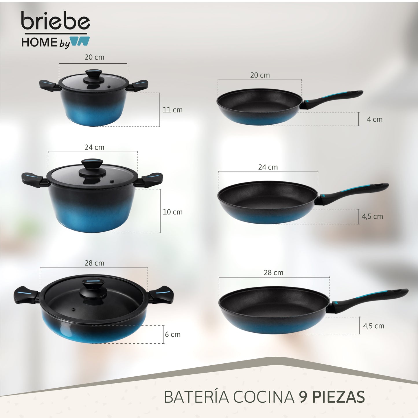 Briebe Batería Cocina Inducción Acero Forjado 9 Piezas Antiadherente Sin Pfoa, Fabricada En España, Mare, Azul_5