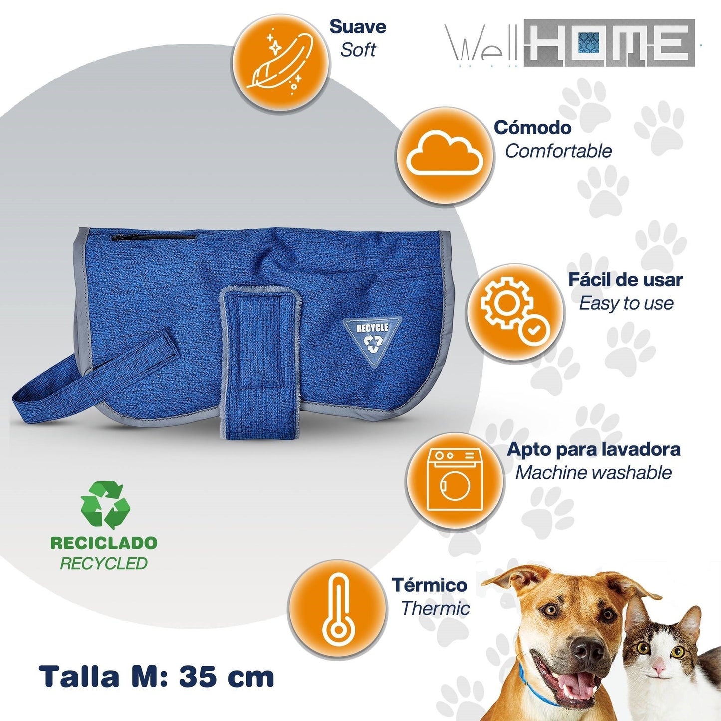 Cama Para Mascota 75x60x25cm Marrón + Abrigo Azul Para Mascotas 35cm