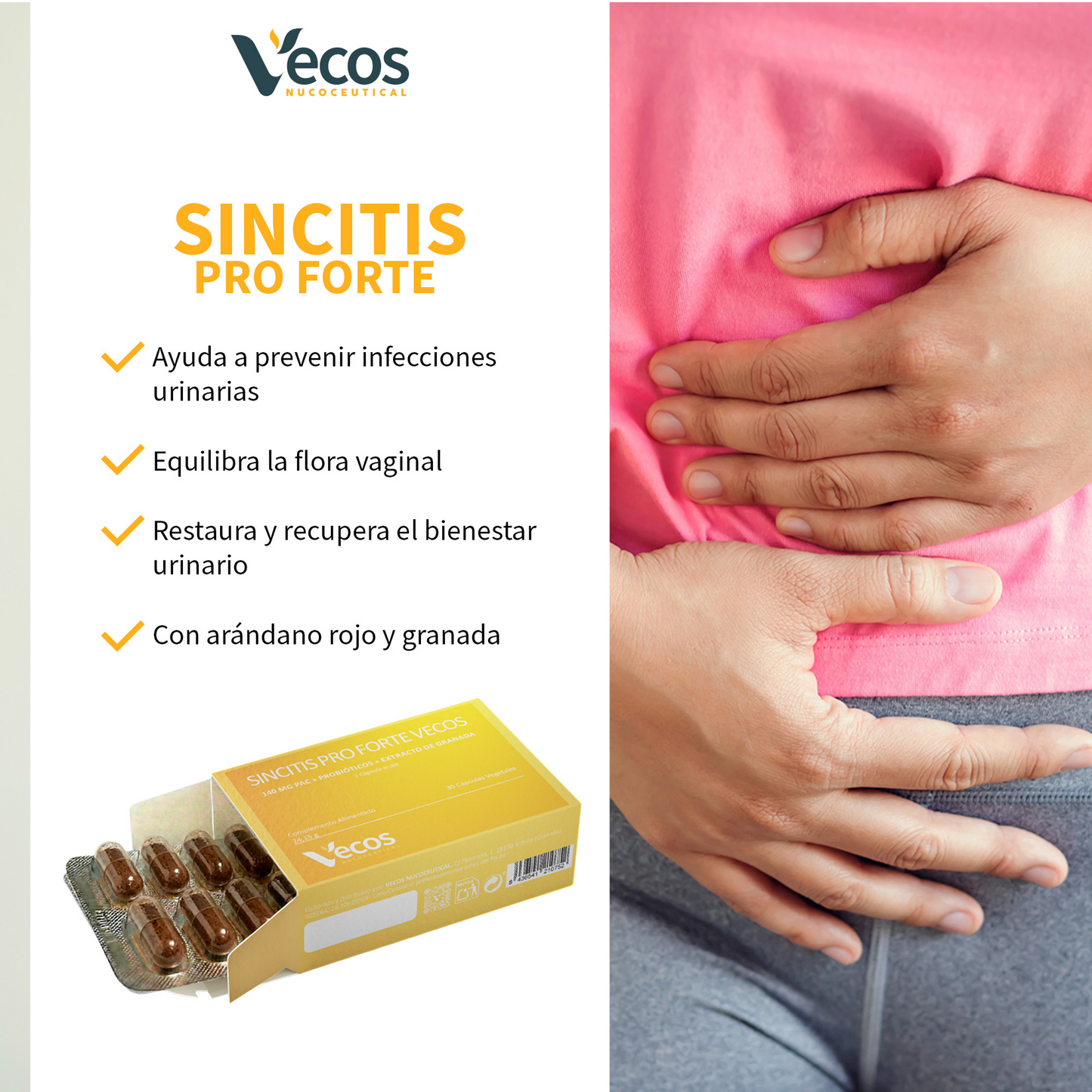 Sincitis Pro Forte Vecos 30 Cápsulas | Bienestar Femenino, Prevención De Cistitis| Arándano Rojo + Probióticos_3