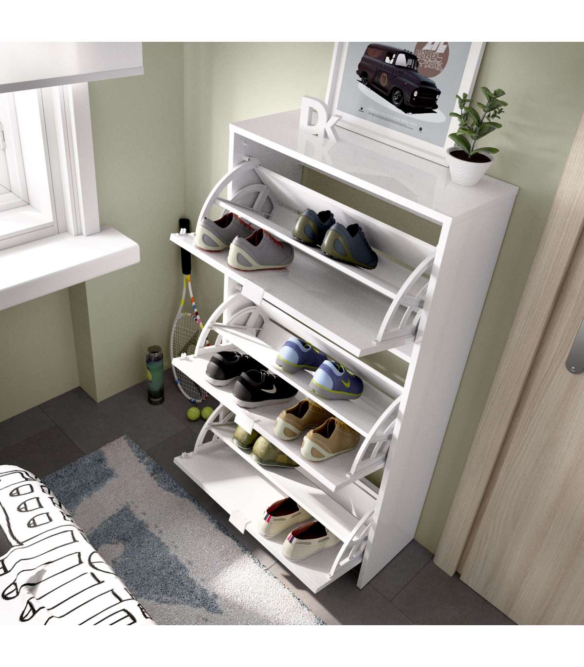 Zapatero 3 Puertas Porcuna Acabado Blanco Brillo, 61 Cm(ancho) 113 Cm(altura) 25 Cm(fondo)_5