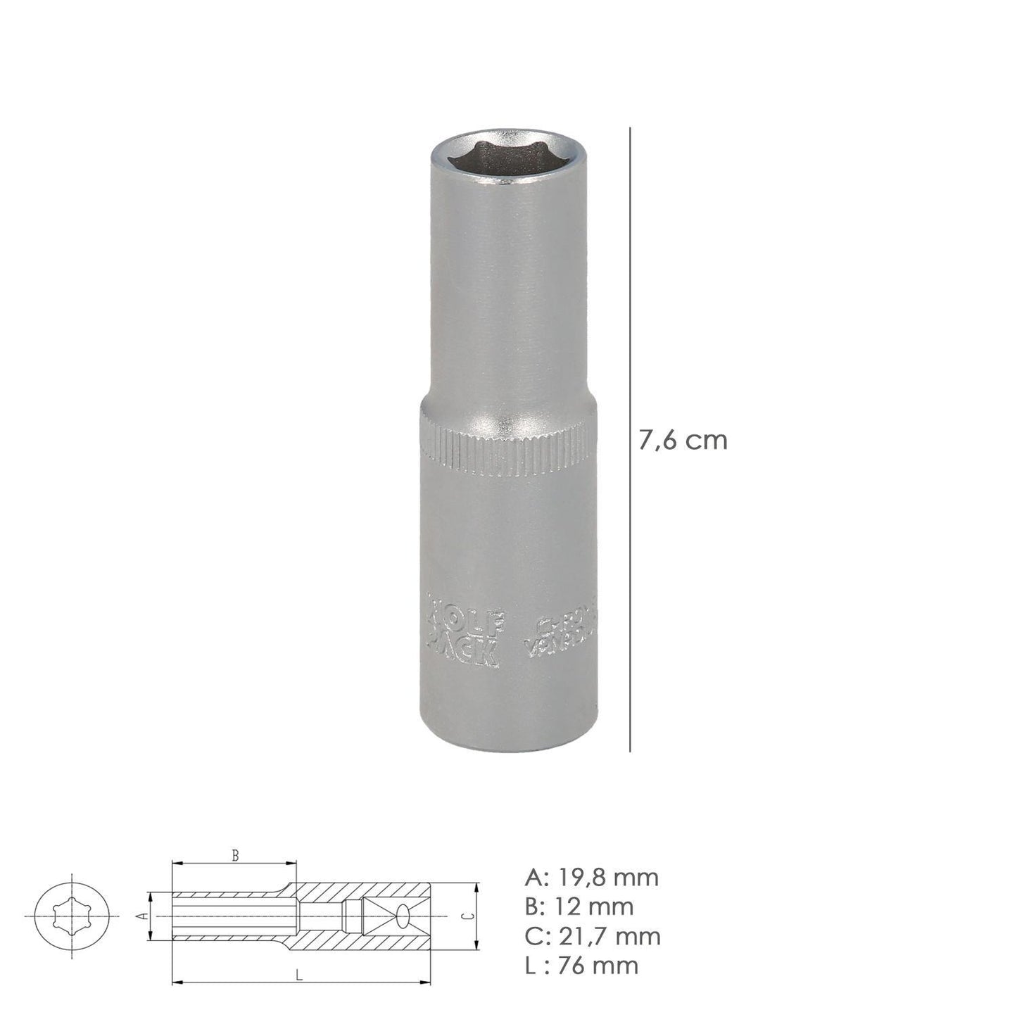 Llave Vaso 1/2 Hexagonal Larga 13 Mm. Perfil De 6 Caras. Acero Cromo Vanadio, Aristas Redondas