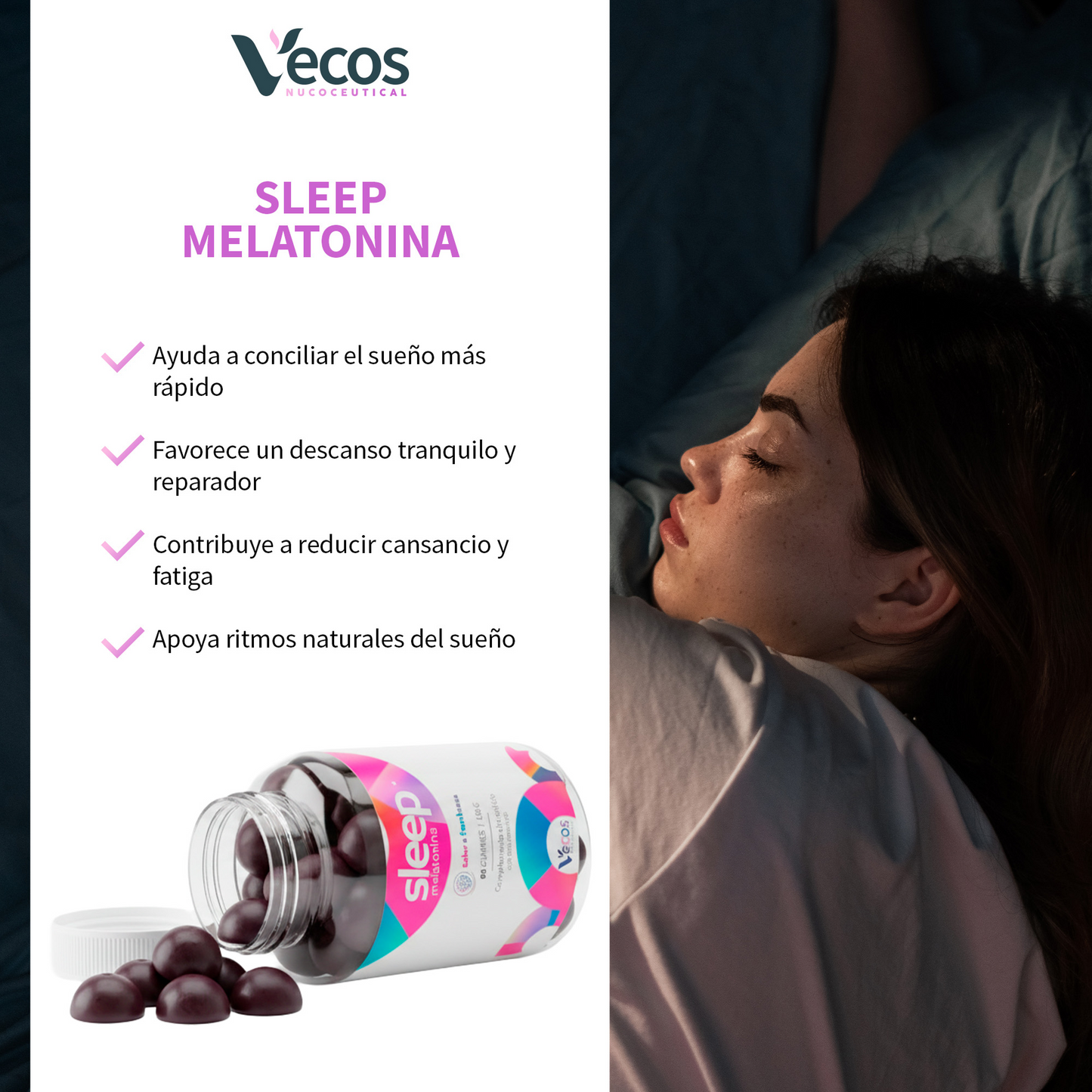 Gominolas Melatonina 1 Mg Vecos 60 Gummies | Conciliar El Sueño Más Rápido | Valeriana, Pasiflora Y Vitamina B6_3