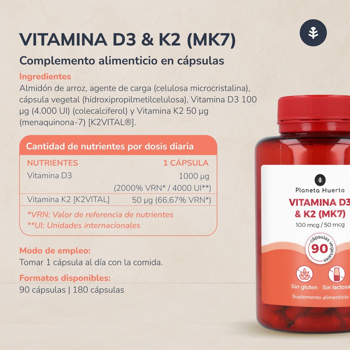 Vitamina D3 & K2 Mk7 Planeta Huerto 180 Capsulas
