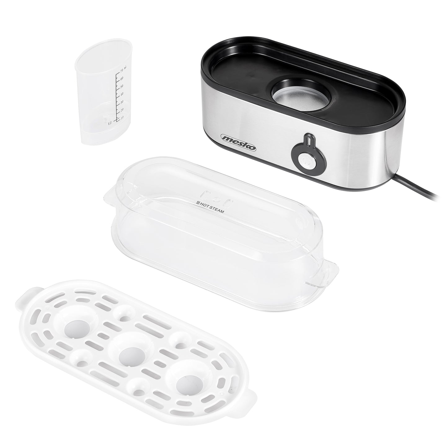 Cuece Huevos Eléctrico, 3 Huevos Cocidos, Ajuste Eléctronico Cocción, Soporte Extraíble, Sin Bpa Mesko Ms4485 Plata