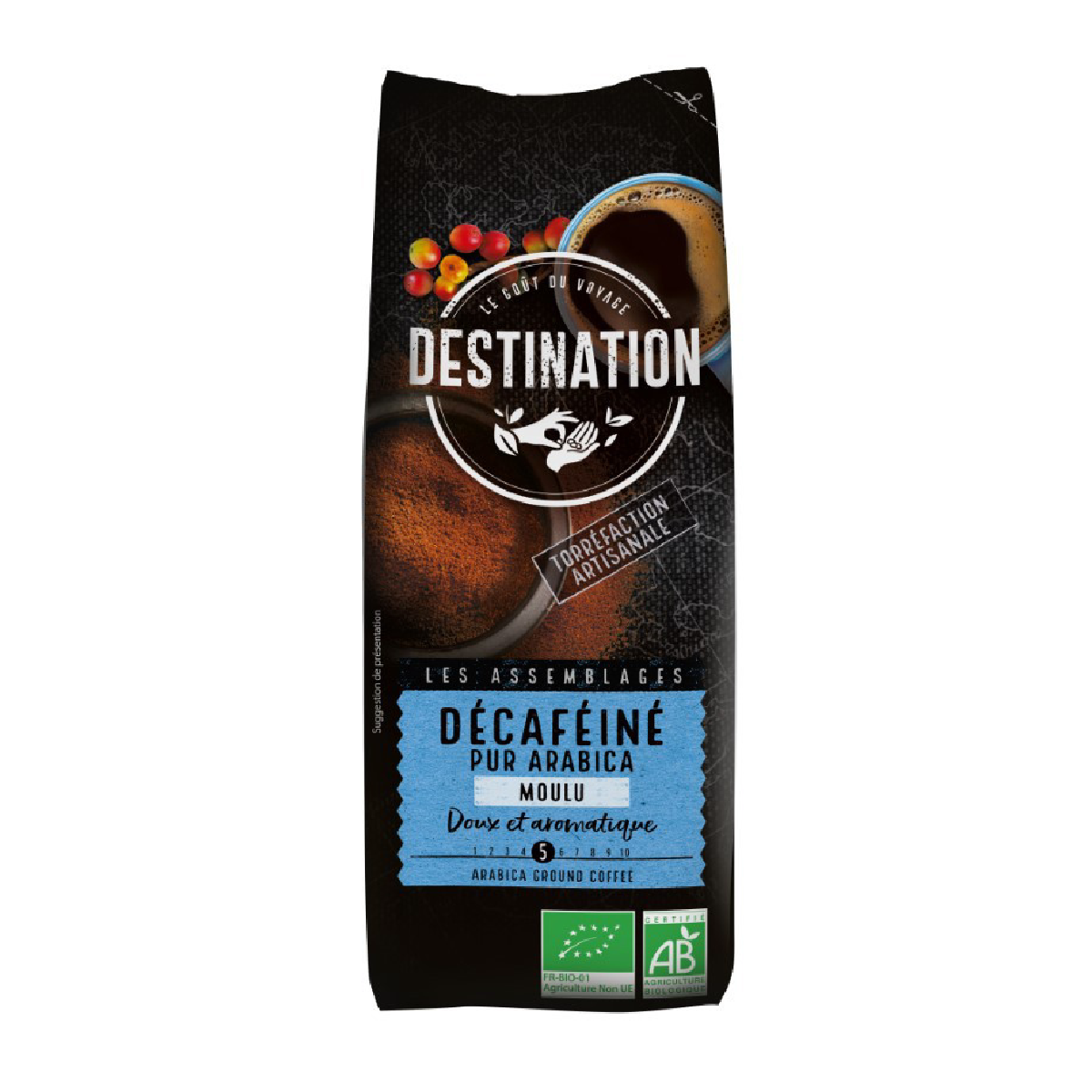Café molido descafeinado suave 100% arábica BIO Destination 250 g