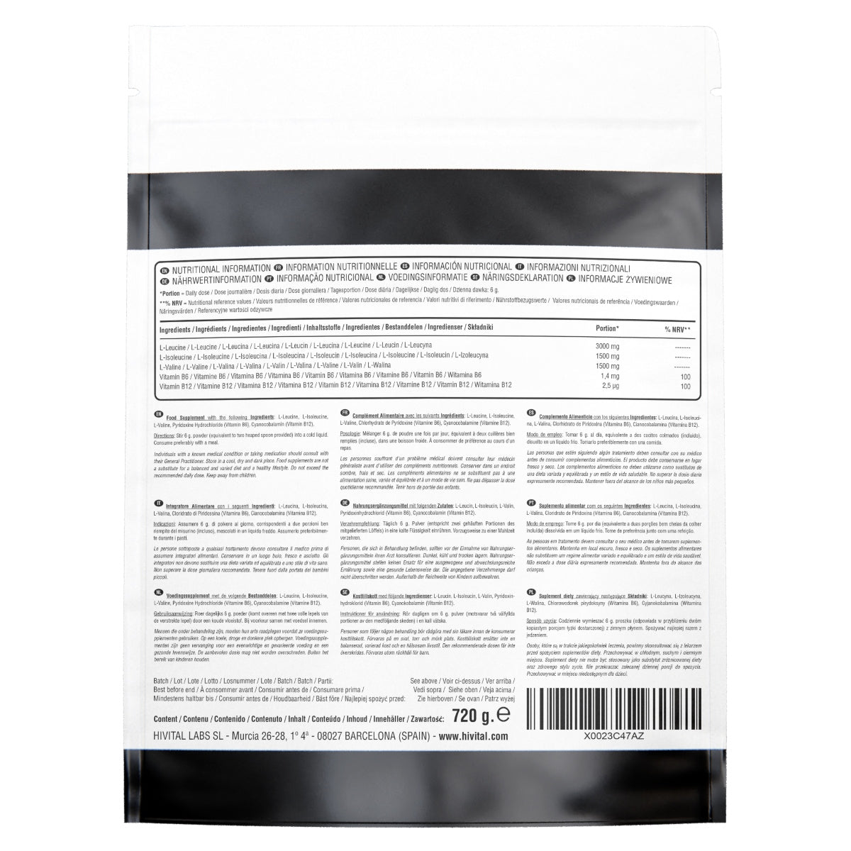 BCAA 2:1:1 6000 mg Hivital 720 gramos de polvo vegano