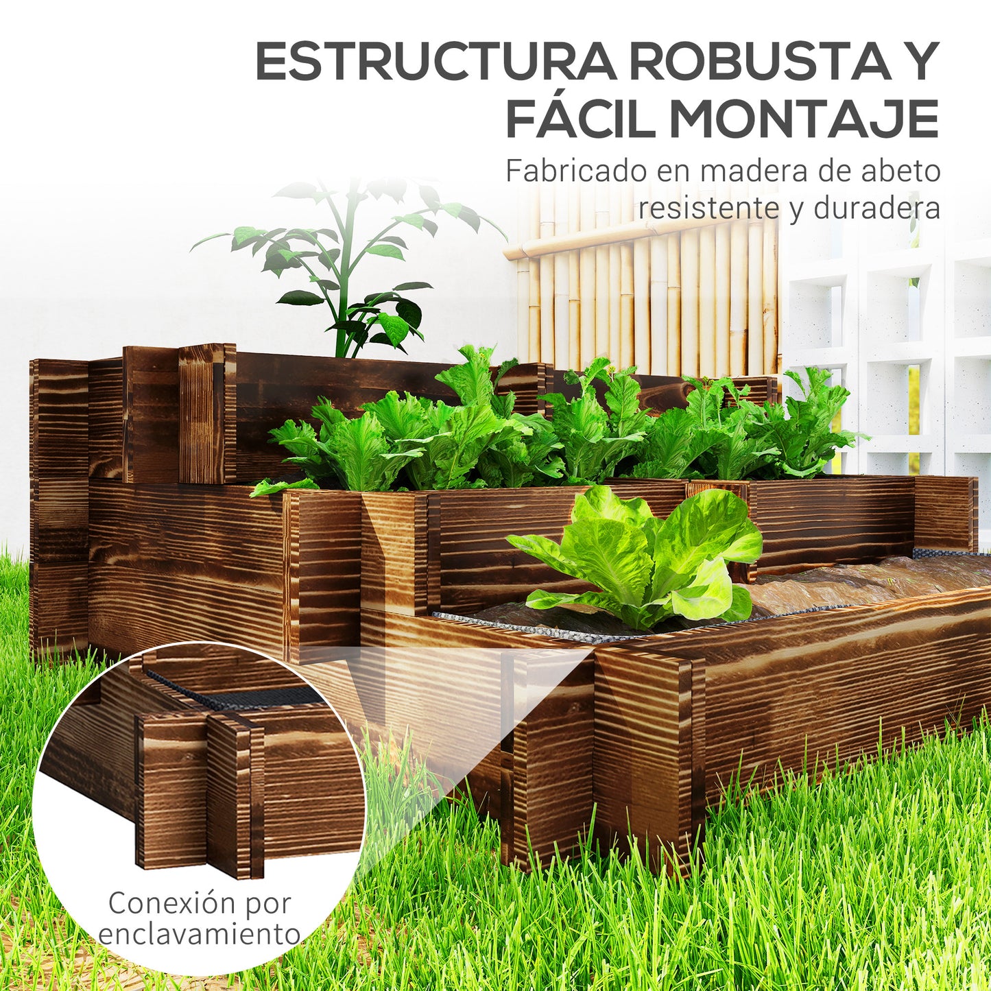 Outsunny Jardinera De Madera Con Diseño De Escalera 93x93x35 Cm Carbonizado_5