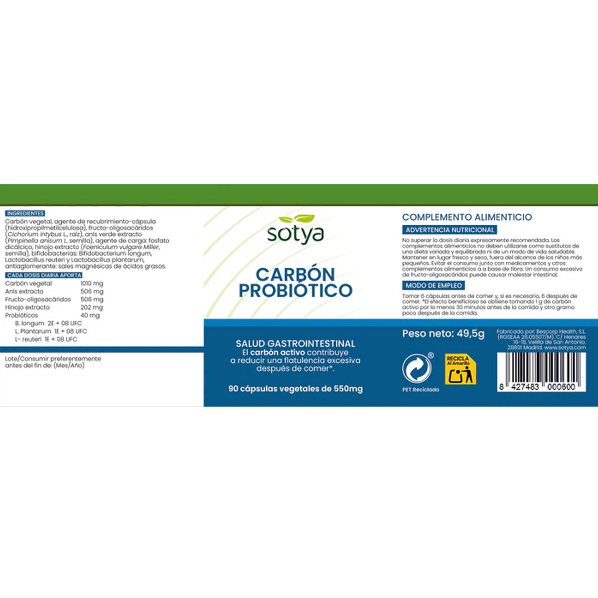 Carbón probiótico Sotya 90 cápsulas vegetales de 550mg