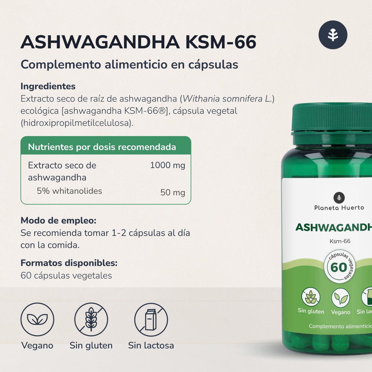 Pack 2x Ashwagandha KSM-66 Planeta Huerto 60 cápsulas