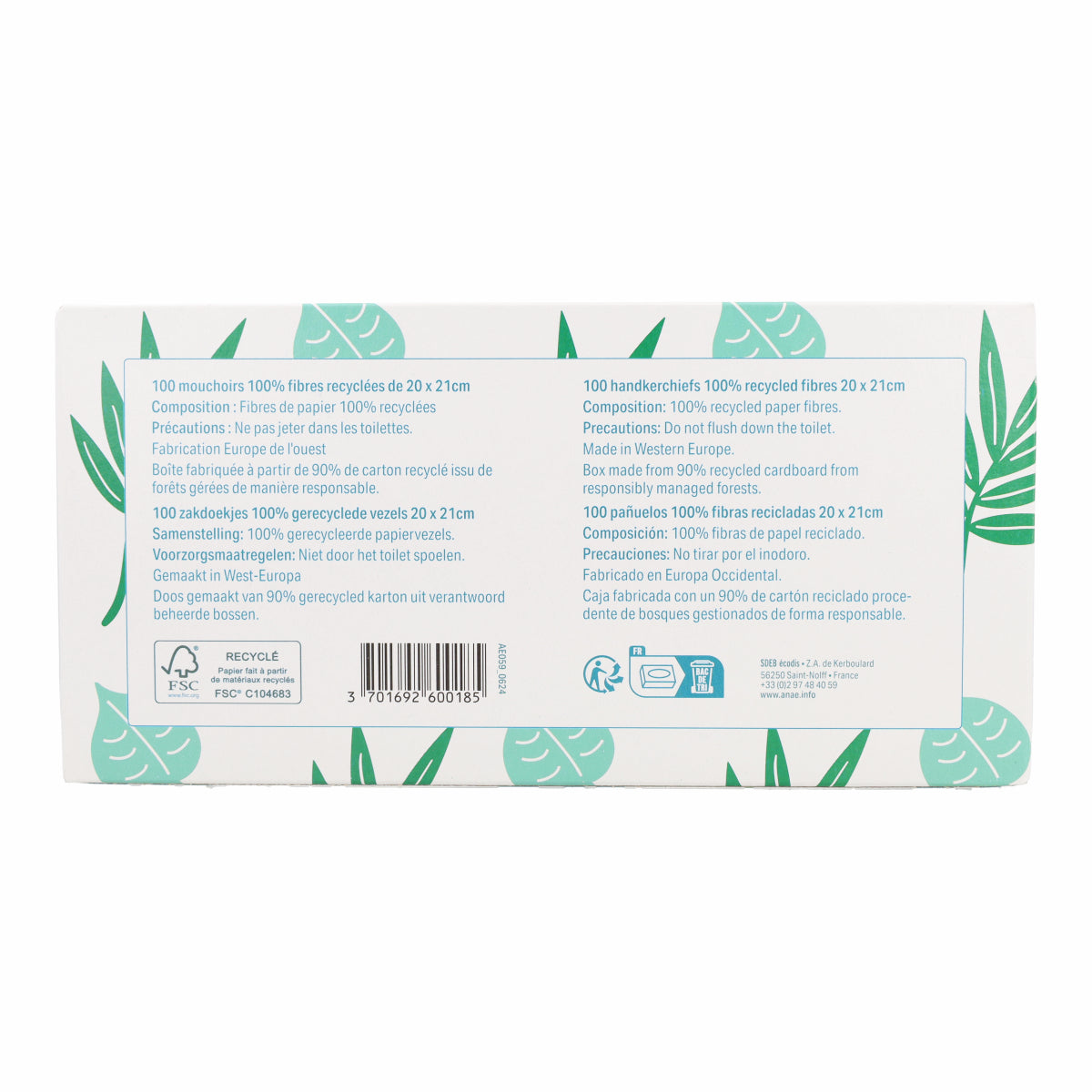 Pañuelos de papel fibras recicladas caja Anaé 100 uds
