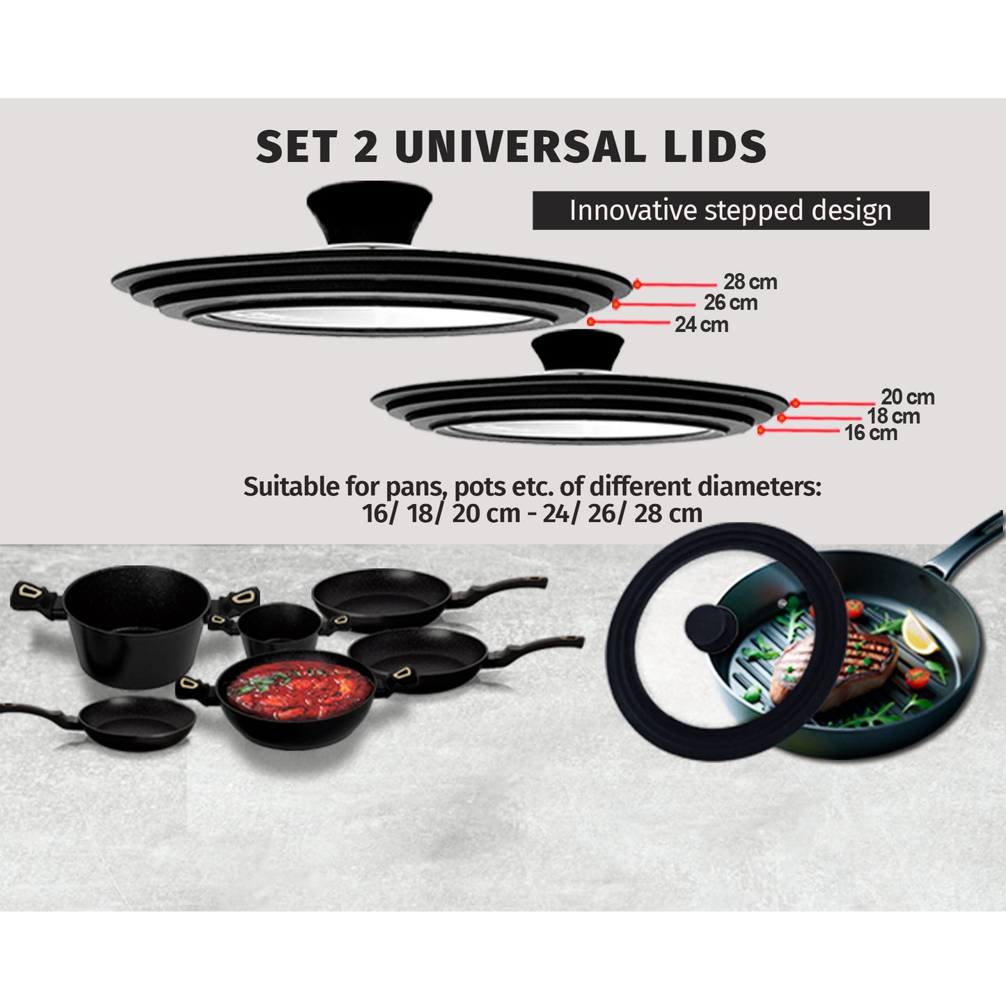 Juego 2 Tapas Sartén Universal Ollas, Cacerolas, Multidiámetro Borde Silicona, Cristal Válvula, Briebe, Totalid, Transparente