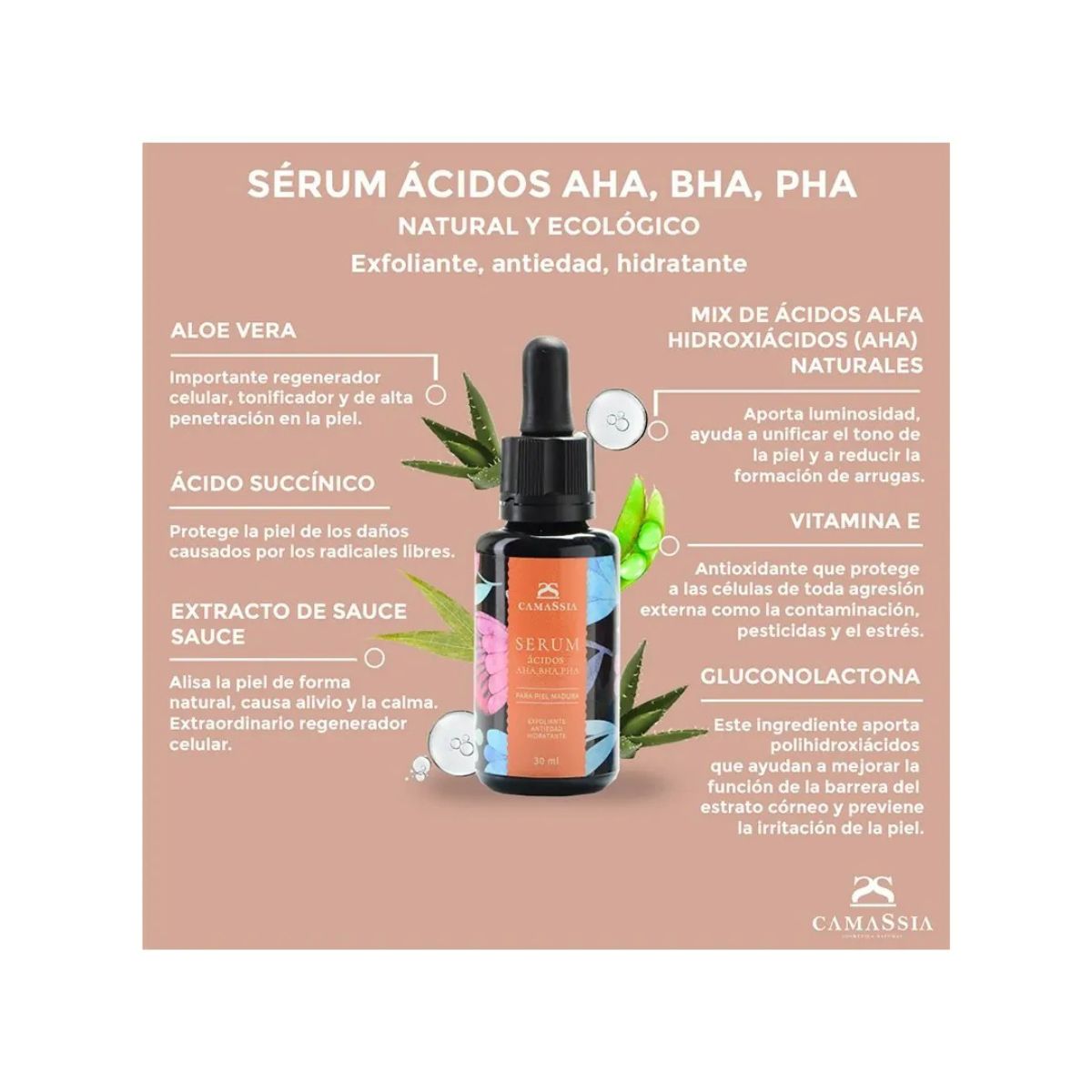 Sérum de Ácidos AHA, BHA, PHA, Camassia, 30ml