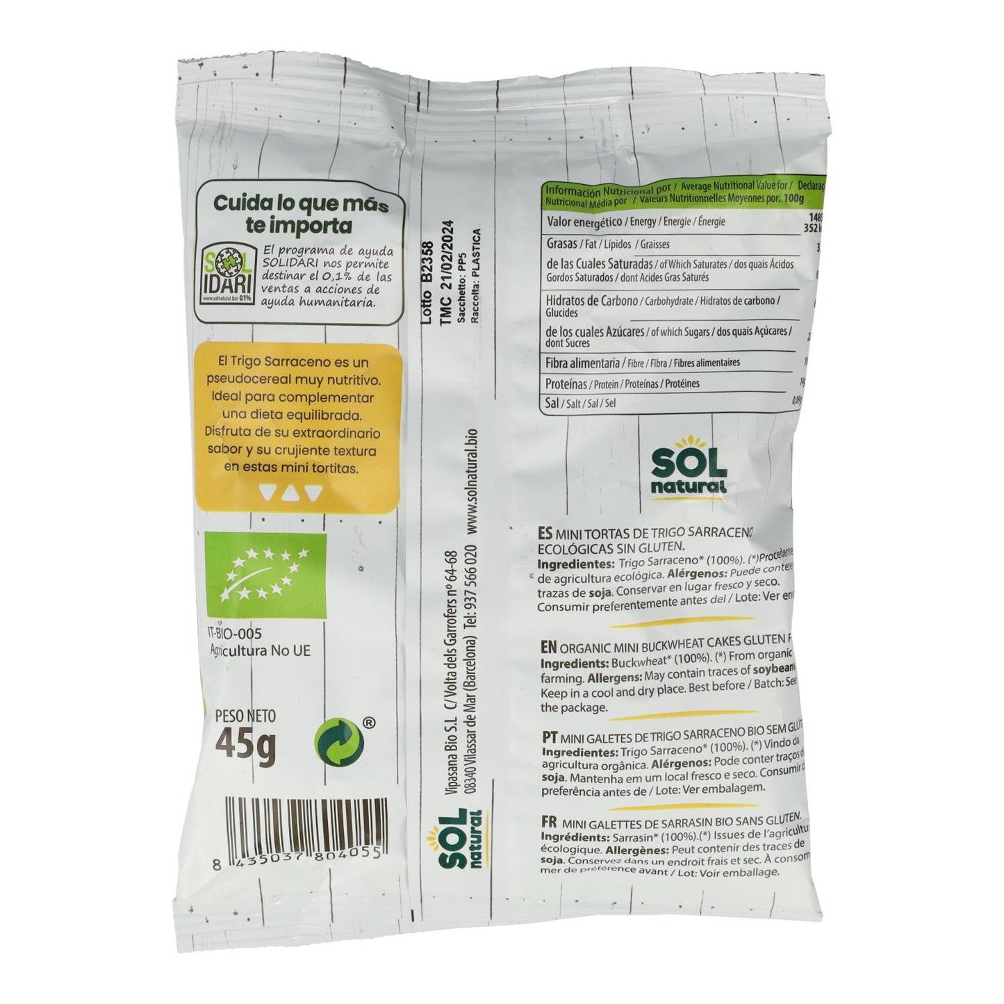 Mini tortitas de trigo sarraceno bio sin gluten Sol Natural 45 g
