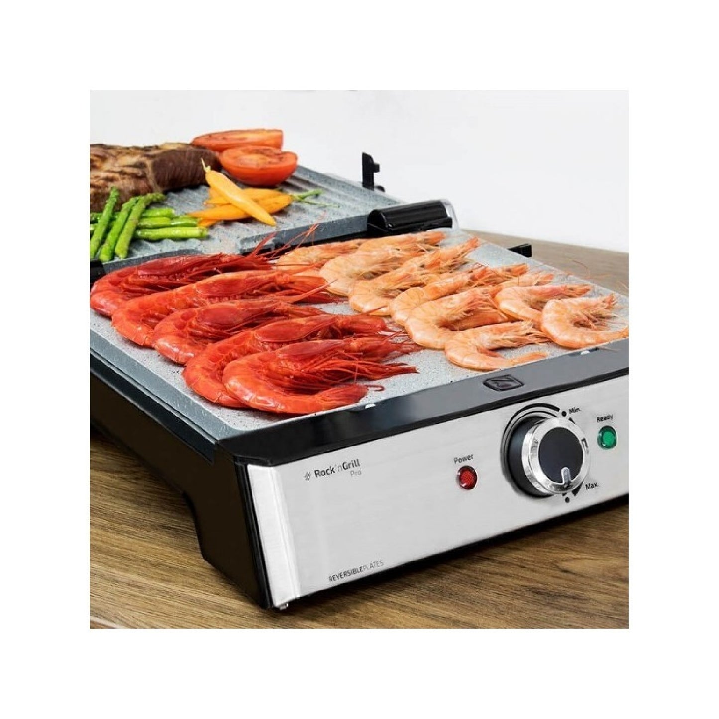 Rock'n Grill Pro - Parrilla Eléctrica, Revestimiento De Piedra Rockstone, Placa Extraíbles Y Reversibles, Apertura De 180ª, Superficie Amplia 34 X 2_4