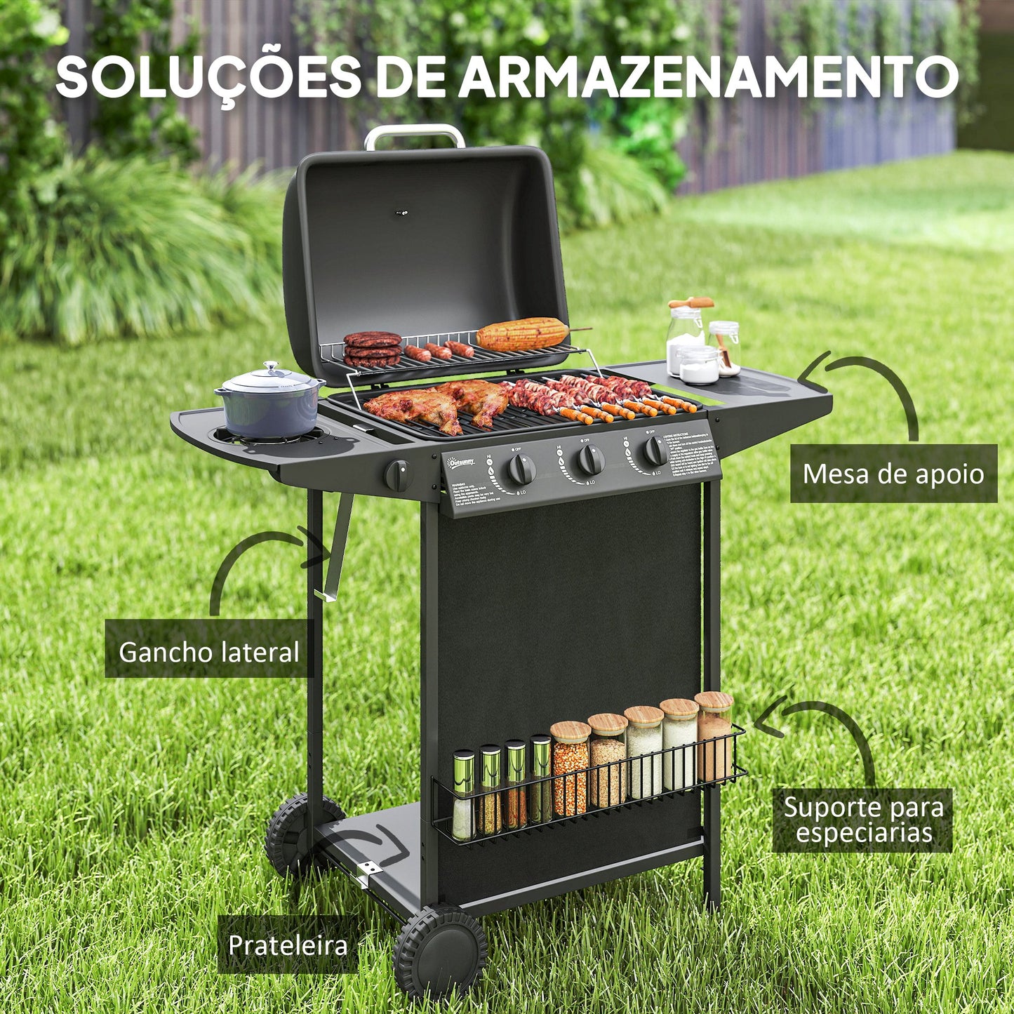Outsunny Barbacoa De Gas Con 3+1 Quemadores 9,5 Kw Termómetro Mesa Lateral Negro_5