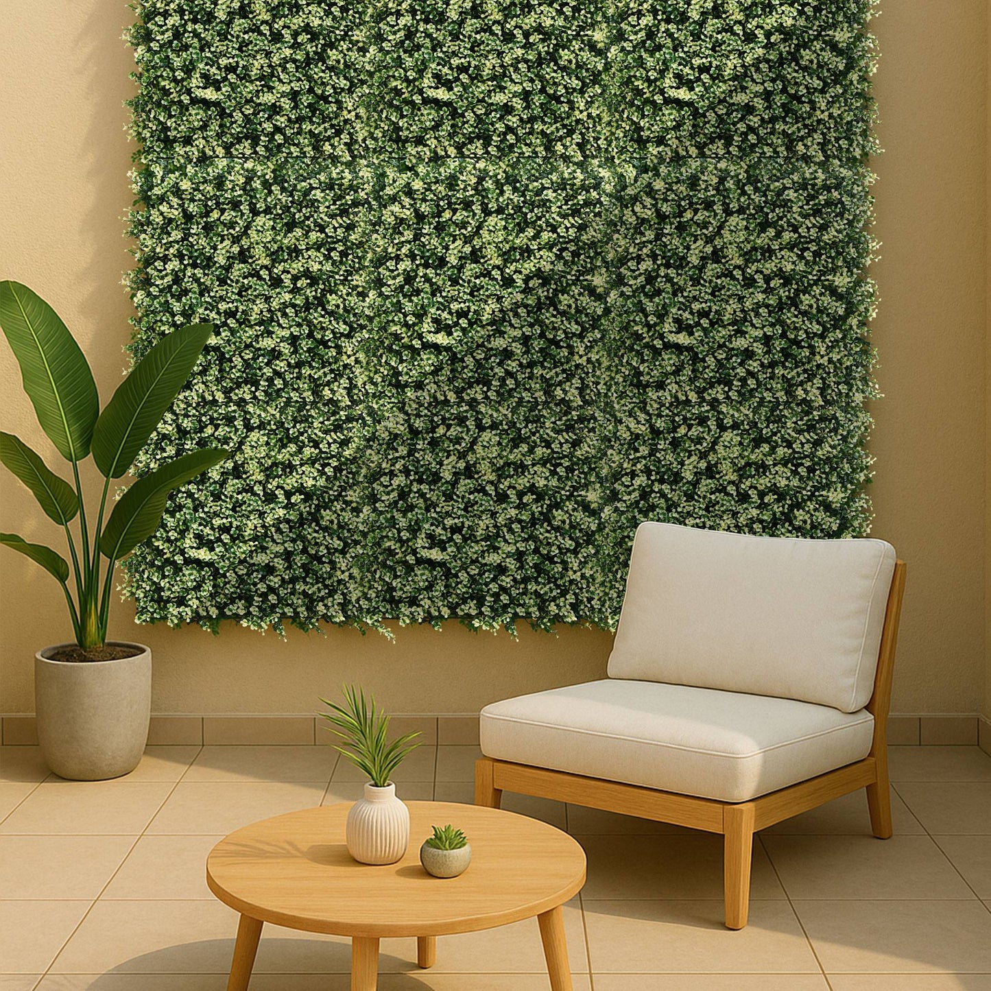 Jardín Vertical Artificial 100x100cm Well Home Hojas Verdes Y Blancas Naturales_3