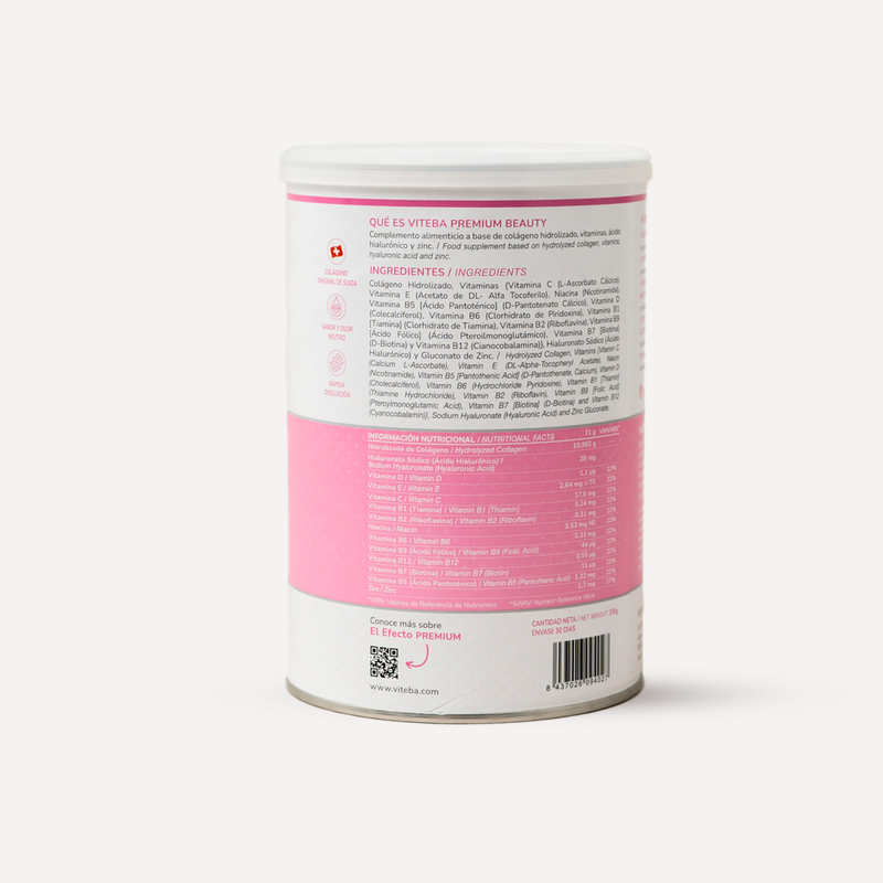 Pack de 3 botes Colágeno Beauty Viteba 330g x 3 - SIN sabor NI olor - Ácido Hialurónico, Vit. C y Zinc