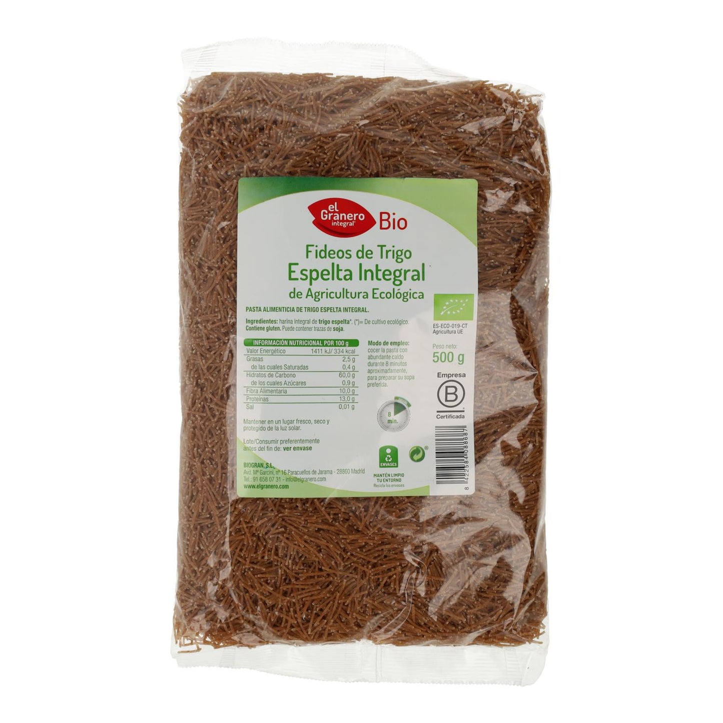 Fideos Finos Integrales de Trigo Espelta El Granero, 500 g