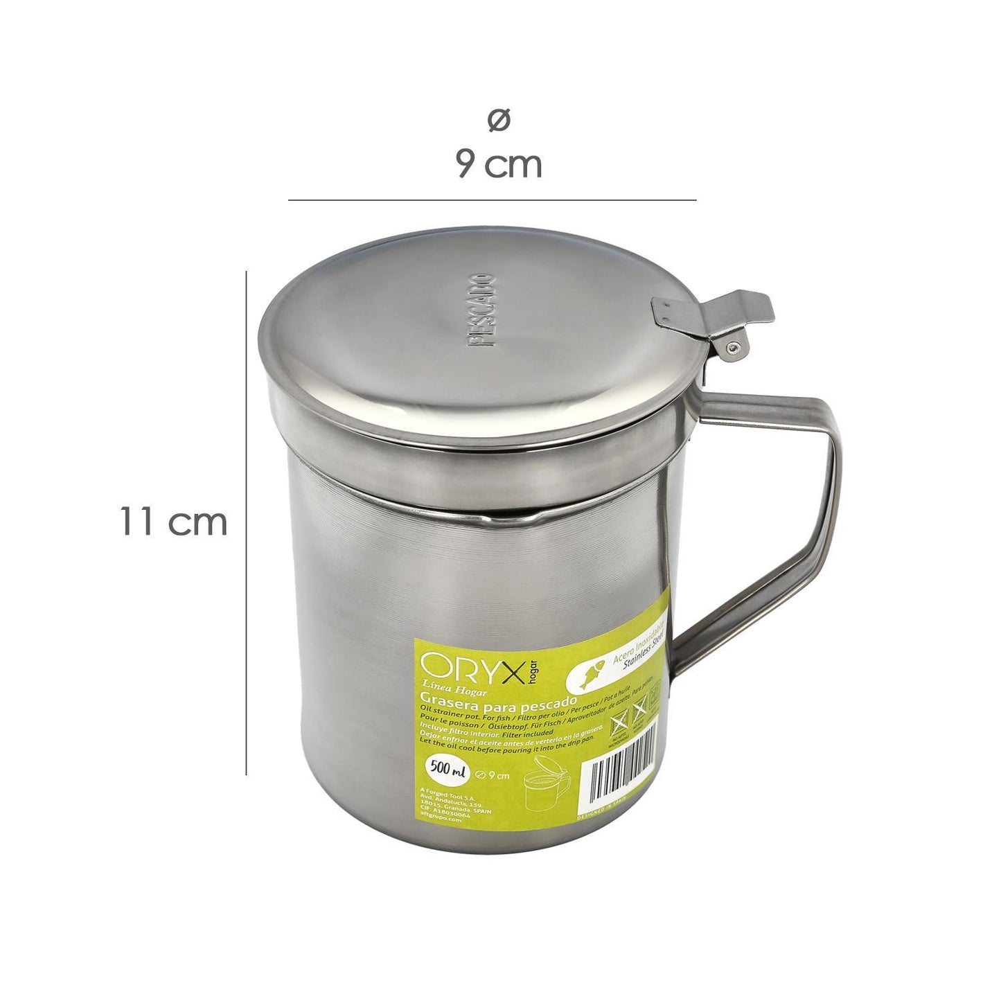 Grasera Acero Inoxidable Para Pescado Aceitera Aceite Usado 0,5 L. Con Colador Y Tapa, Recipiente Reciclaje Aceite Usado Pescado