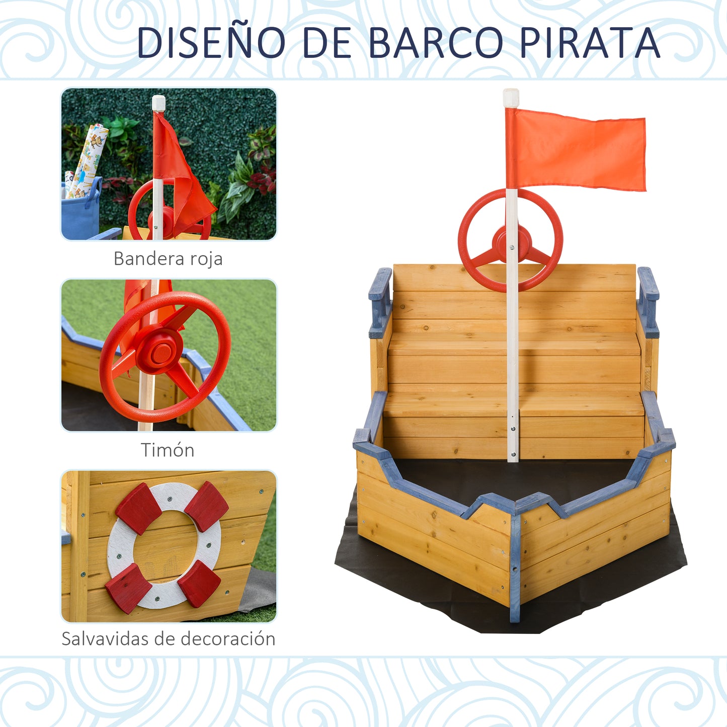 Outsunny Arenero Infantil Madera Diseño Galeón Con Banco Con Almacenaje +3 Años_5