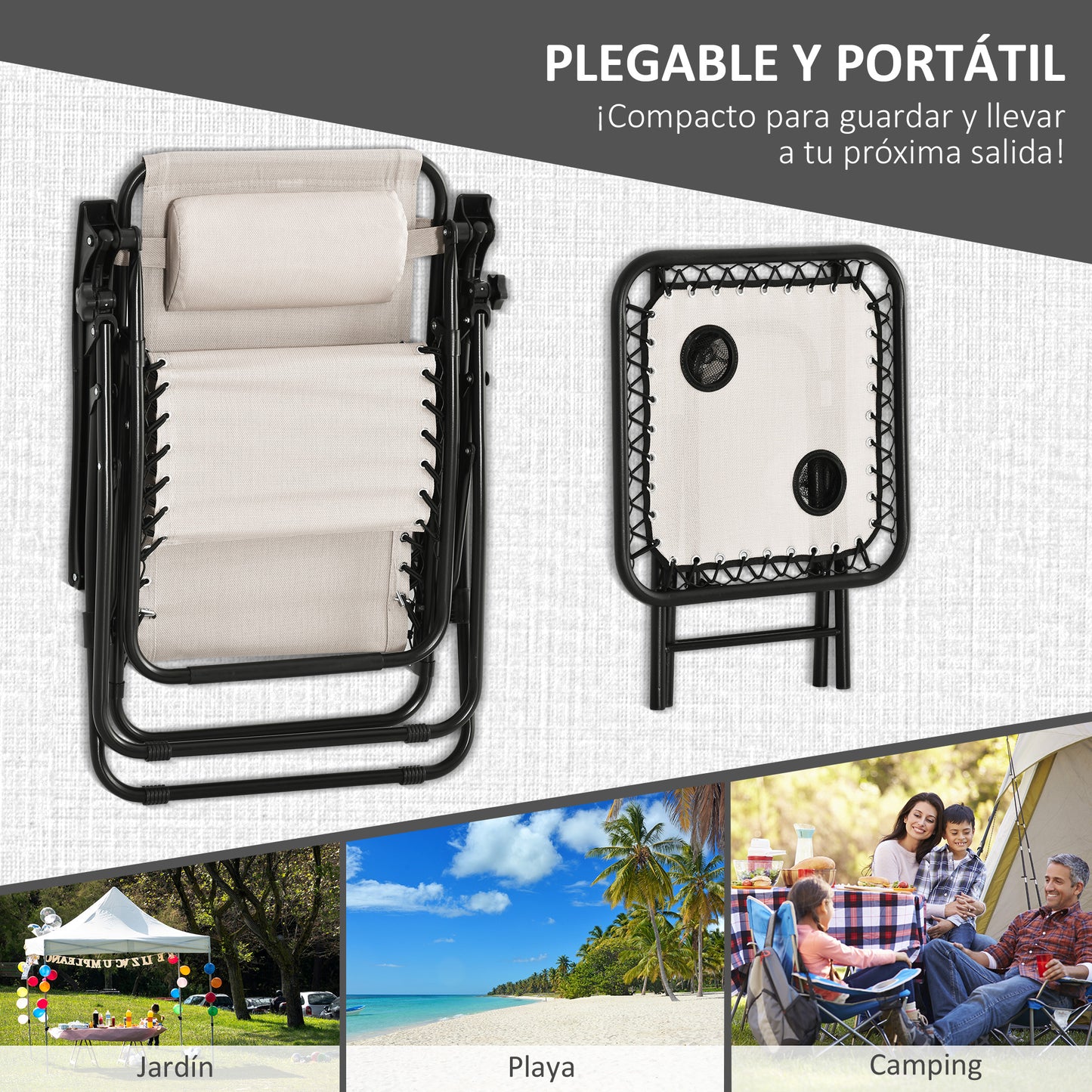 Outsunny 2 Sillas De Gravedad Cero Plegables Mesa Auxiliar Con Portavasos Beige_5
