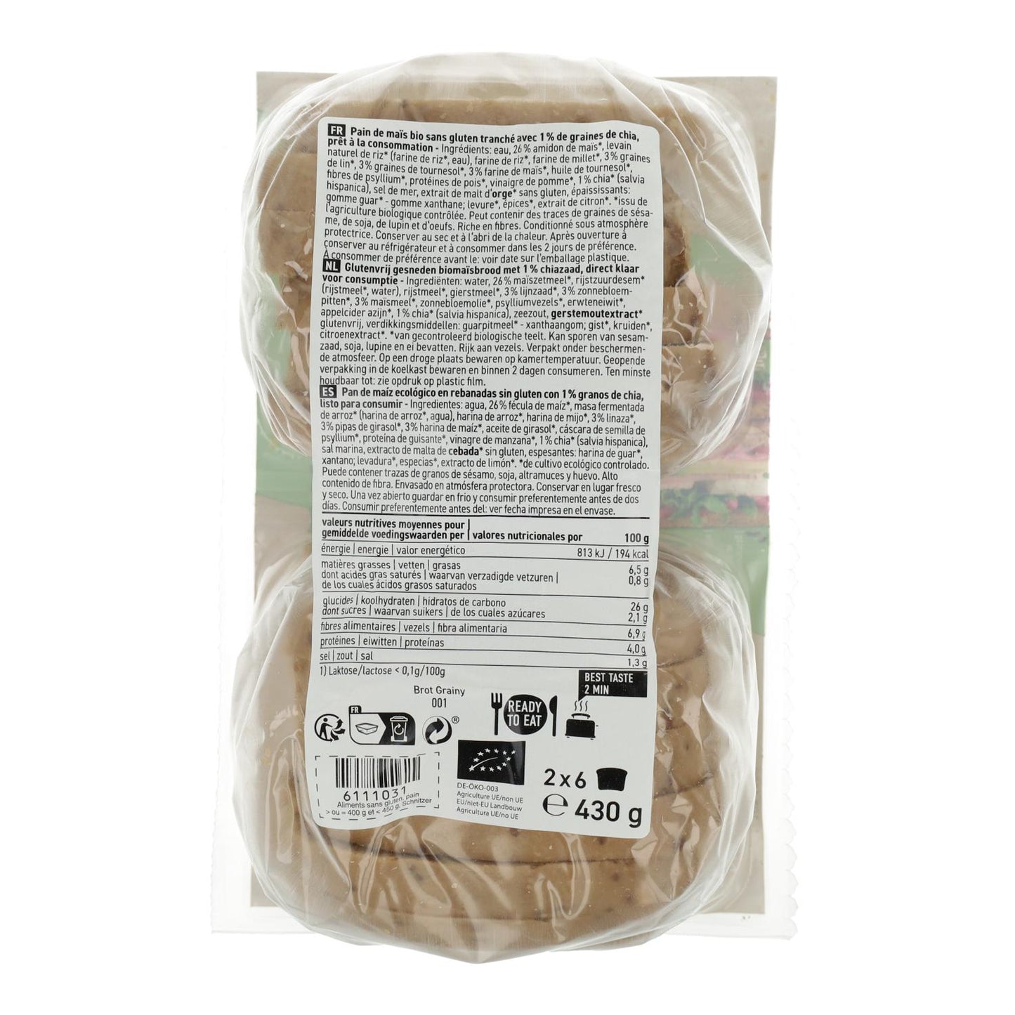 Pan de molde de Maíz en rebanadas con Semillas Brot Grainy Sin gluten Bio Schnitzer 430 g