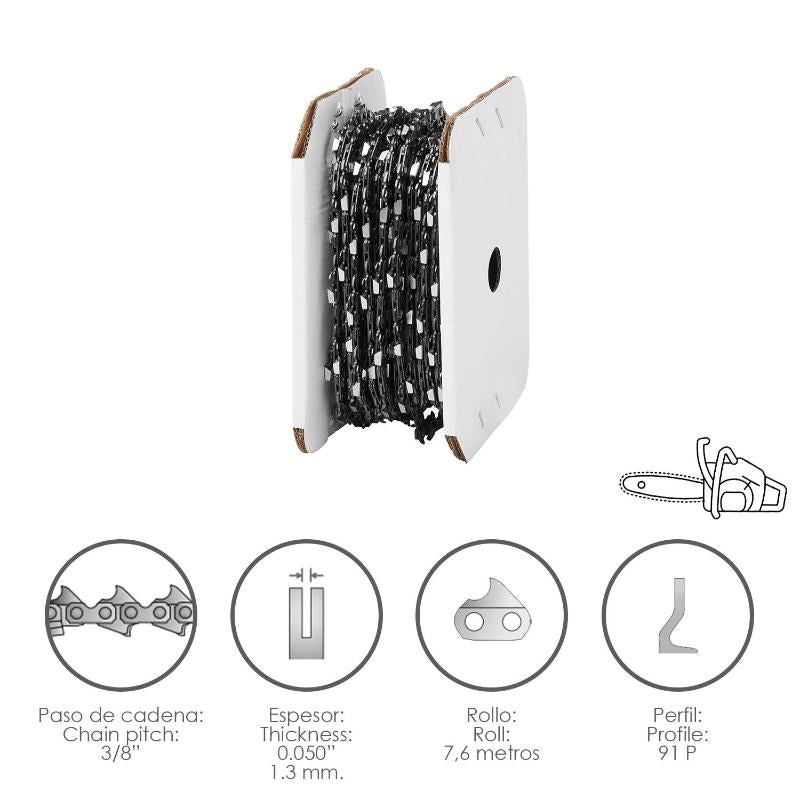 Cadena Motosierra 3/8 / 0.050 1,3 Mm. / 91 P / Rollo 7,6 Metros.