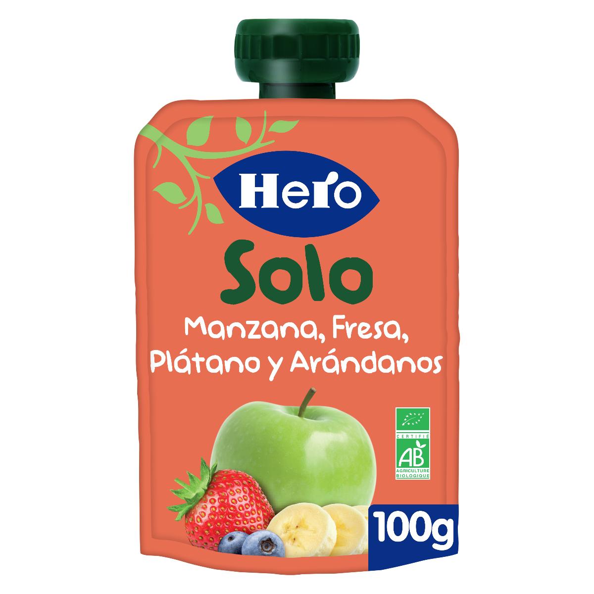 Bolsita fruta 100% Eco sabor manzana, fresa, plátano y arándanos 100 g. Hero Solo