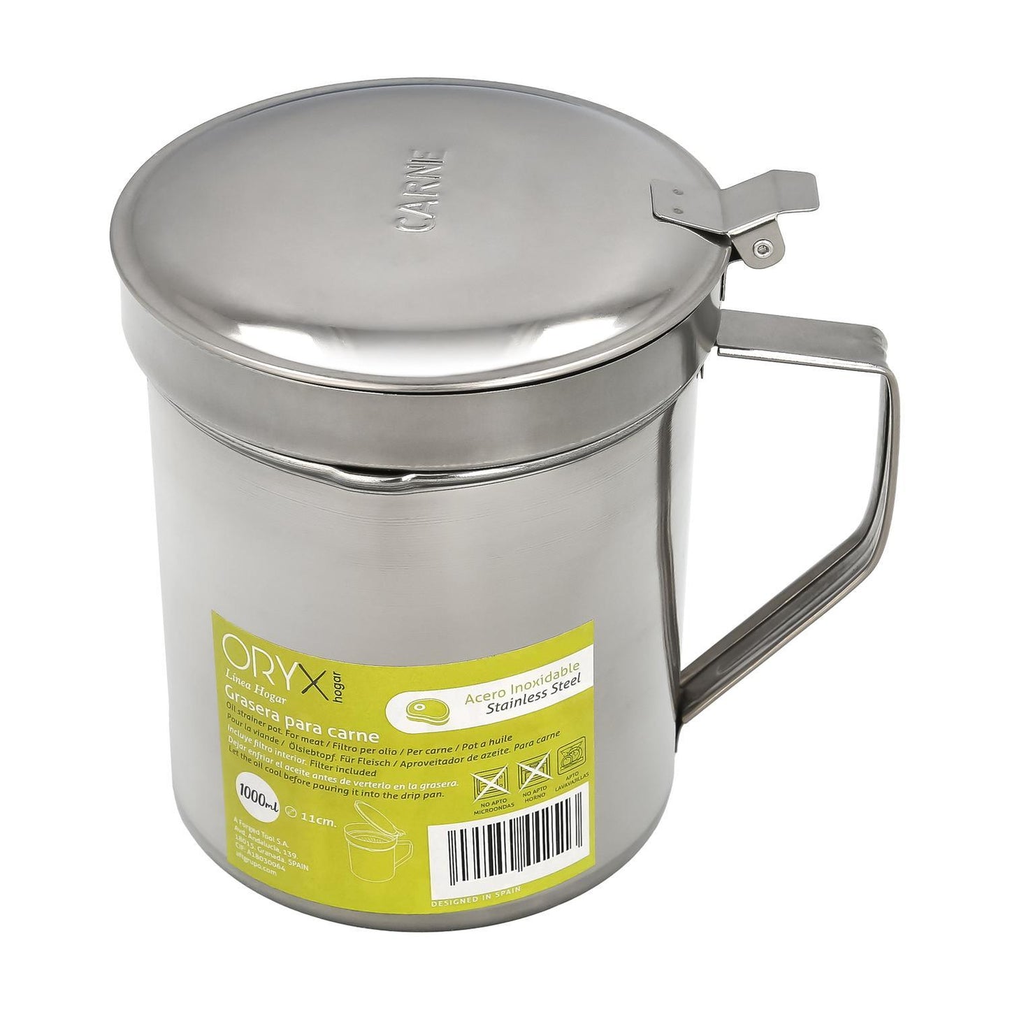 Grasera Acero Inoxidable Para Carne, Aceitera Aceite Usado 1,0 Lts. Con Colador Y Tapa, Recipiente Reciclaje Aceite Usado Carne