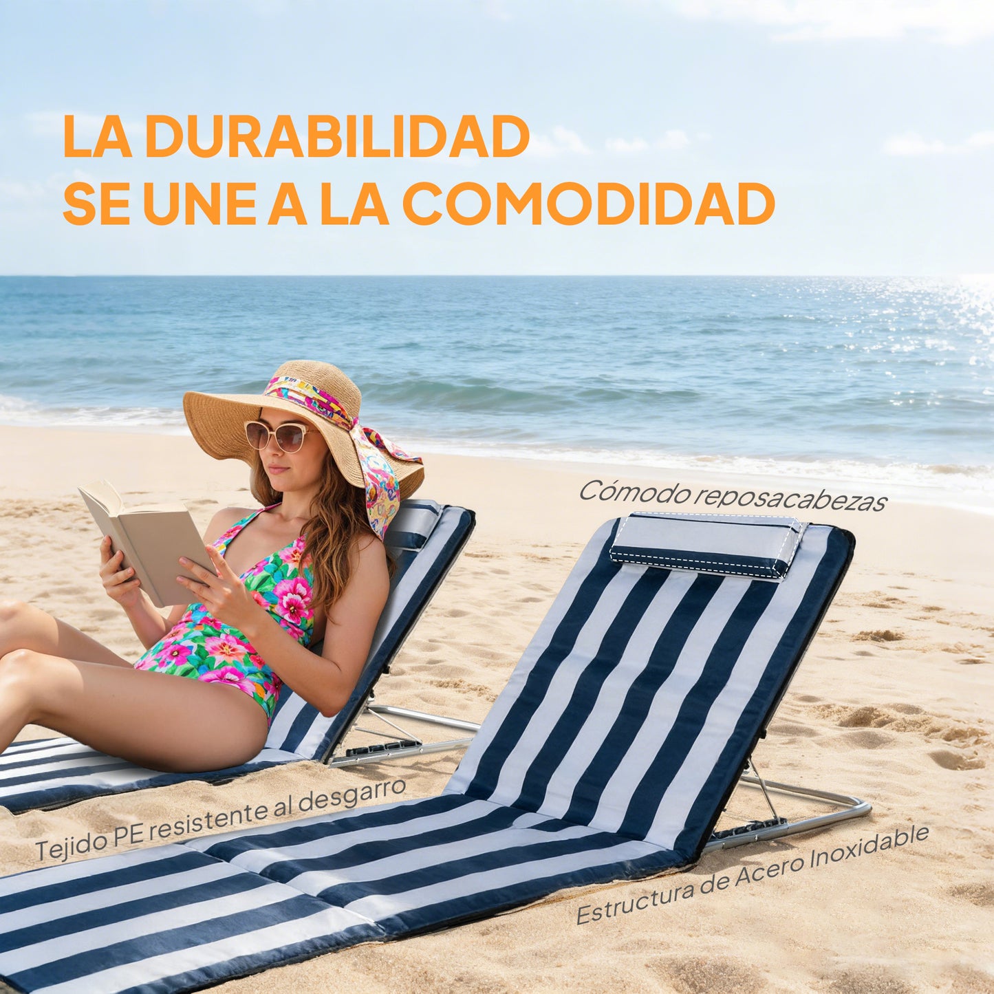 Outsunny Conjunto De 2 Esterillas De Playa Plegable 134x48x33-43 Cm Blanco Azul_5