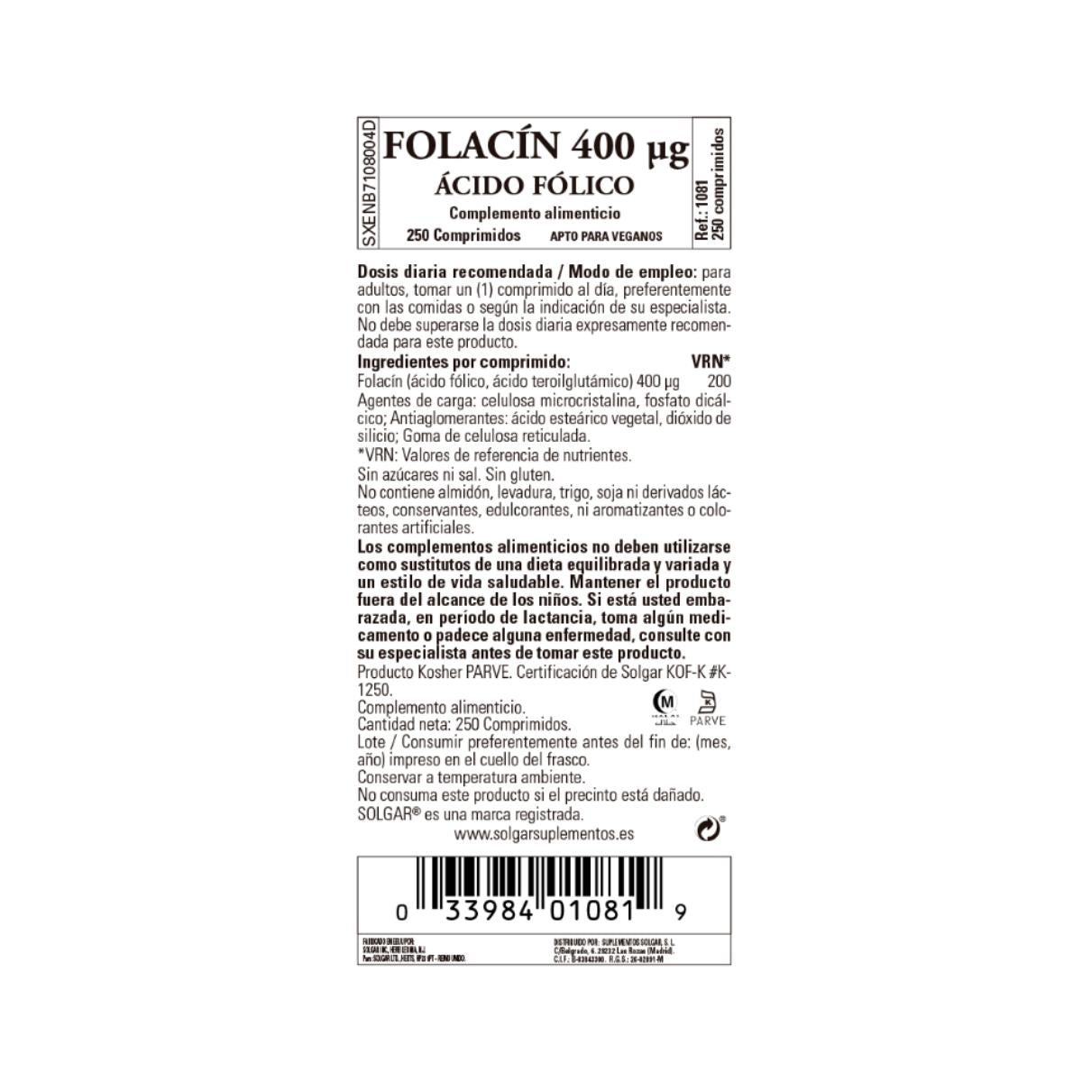 Folacín ácido fólico 250 cápsulas