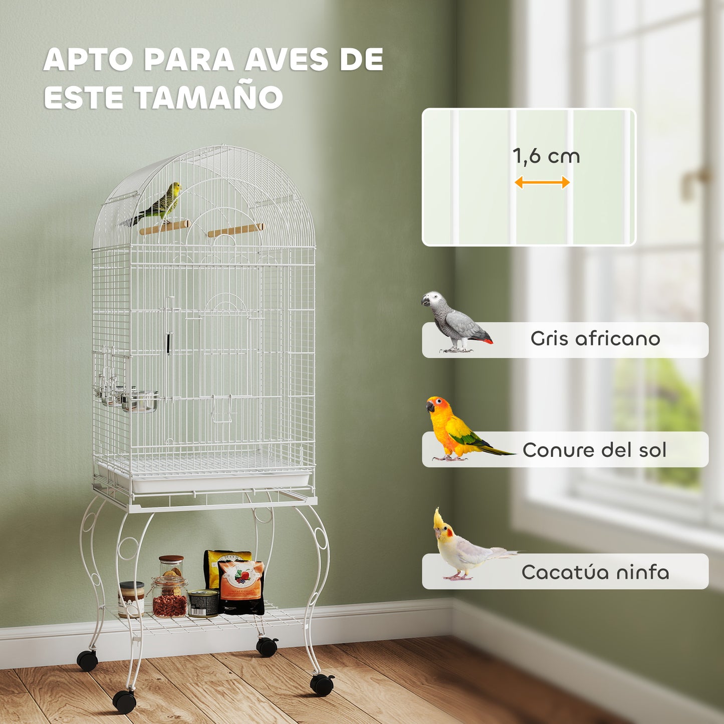 Pawhut Jaula Para Pájaros Con Ruedas Y Estante 2 Comederos 51x51x153 Cm Blanco_5