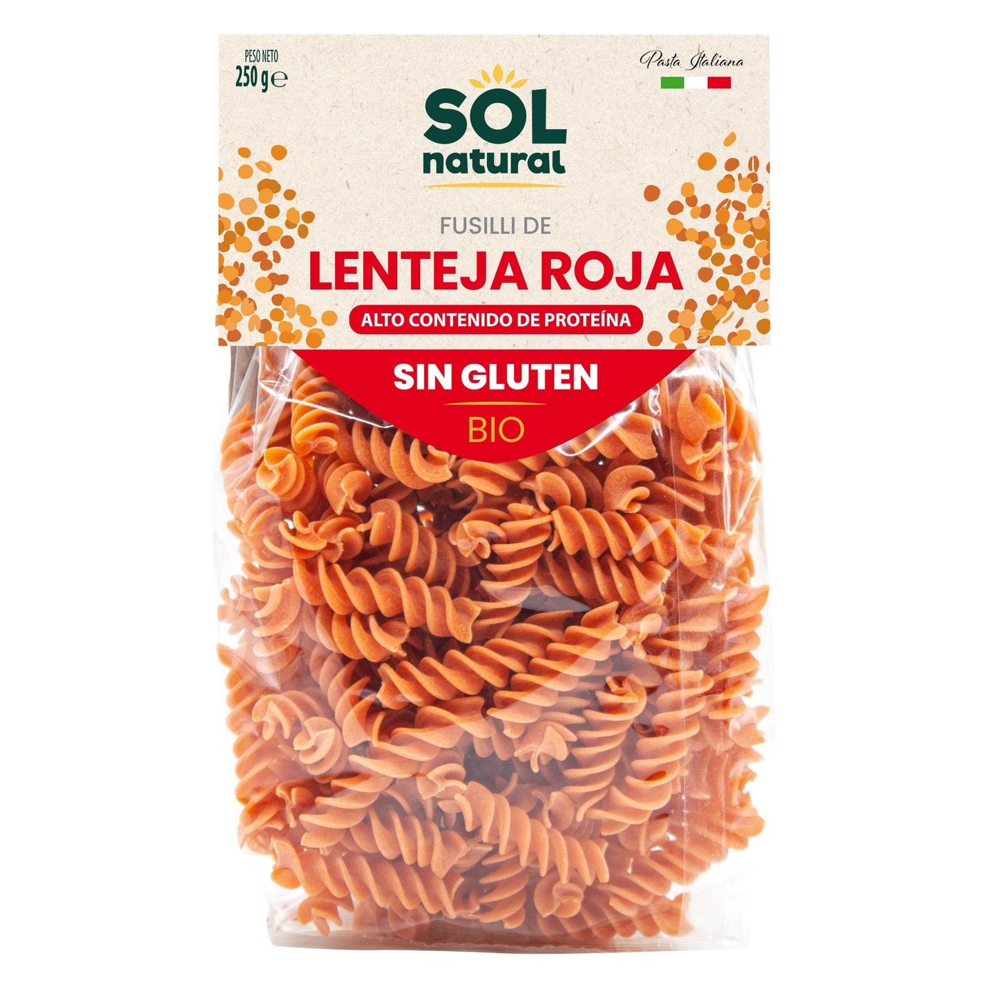 Fusilli de lenteja roja sin gluten bio Sol Natural 250 g