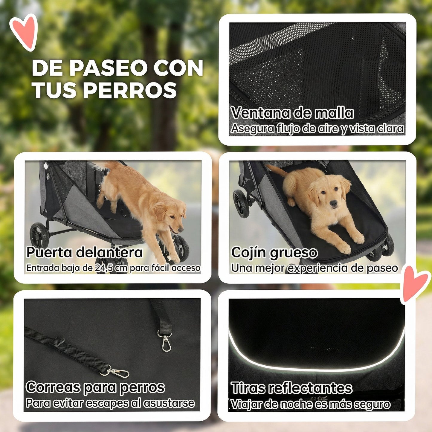 Pawhut Carrito Para Perros Plegable Con Un Botón Hasta 30 Kg Con Suspensión Gris_5