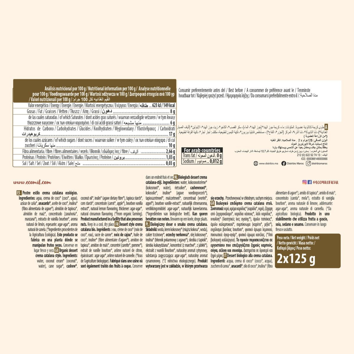 Postre Estilo Crema Catalana Bio Ecomil 2 uds de 125 g