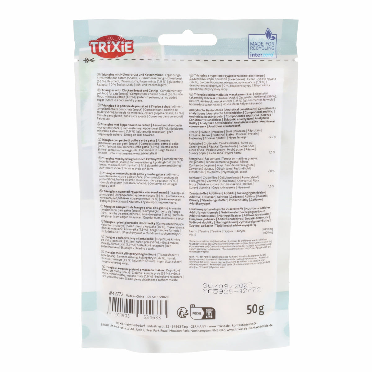 Triángulos con pechuga pollo hierba gatera Trixie 50g