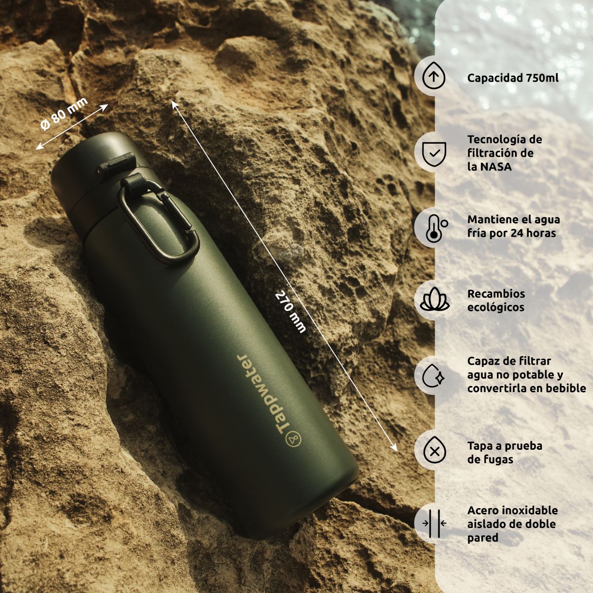 Botella con filtro potabilizador BottlePro Adventure TappWater 740 ml