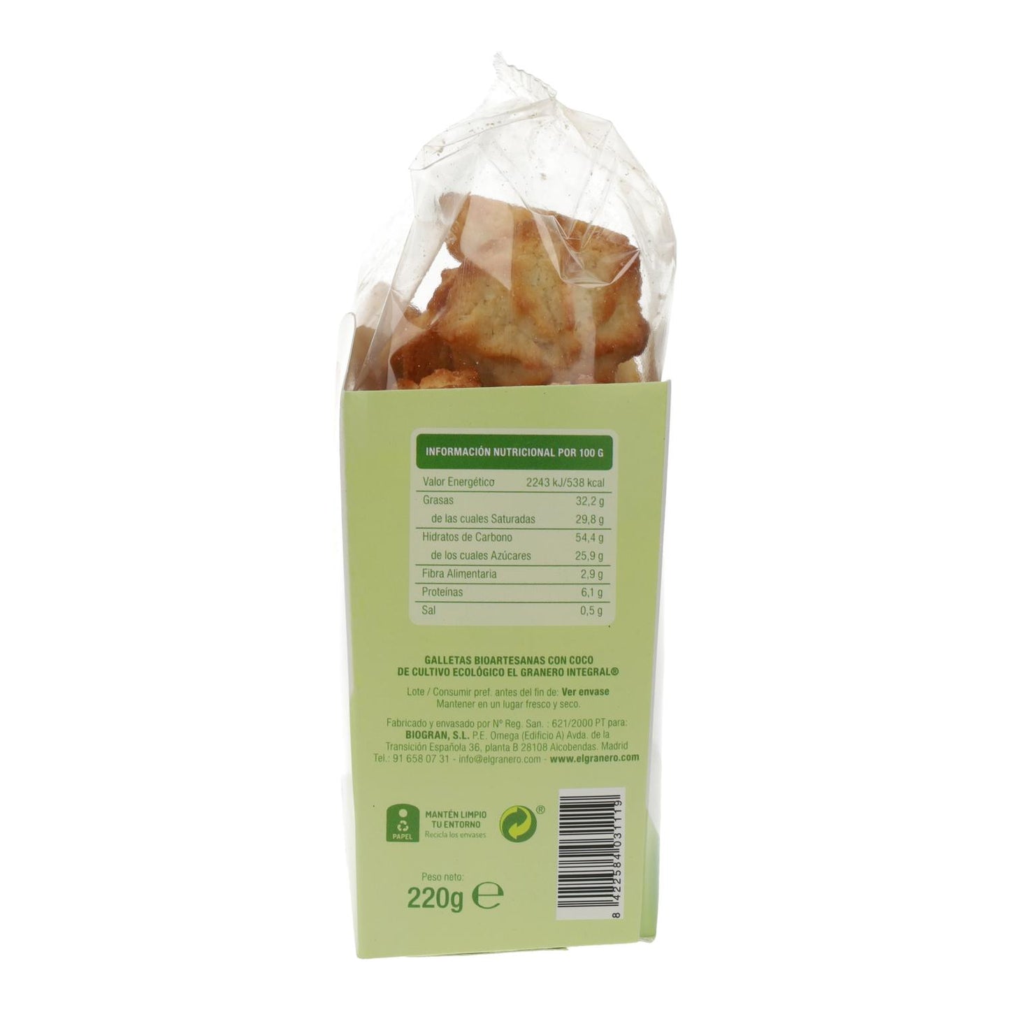 Galletas Artesanas con Coco Bio El Granero, 220 g