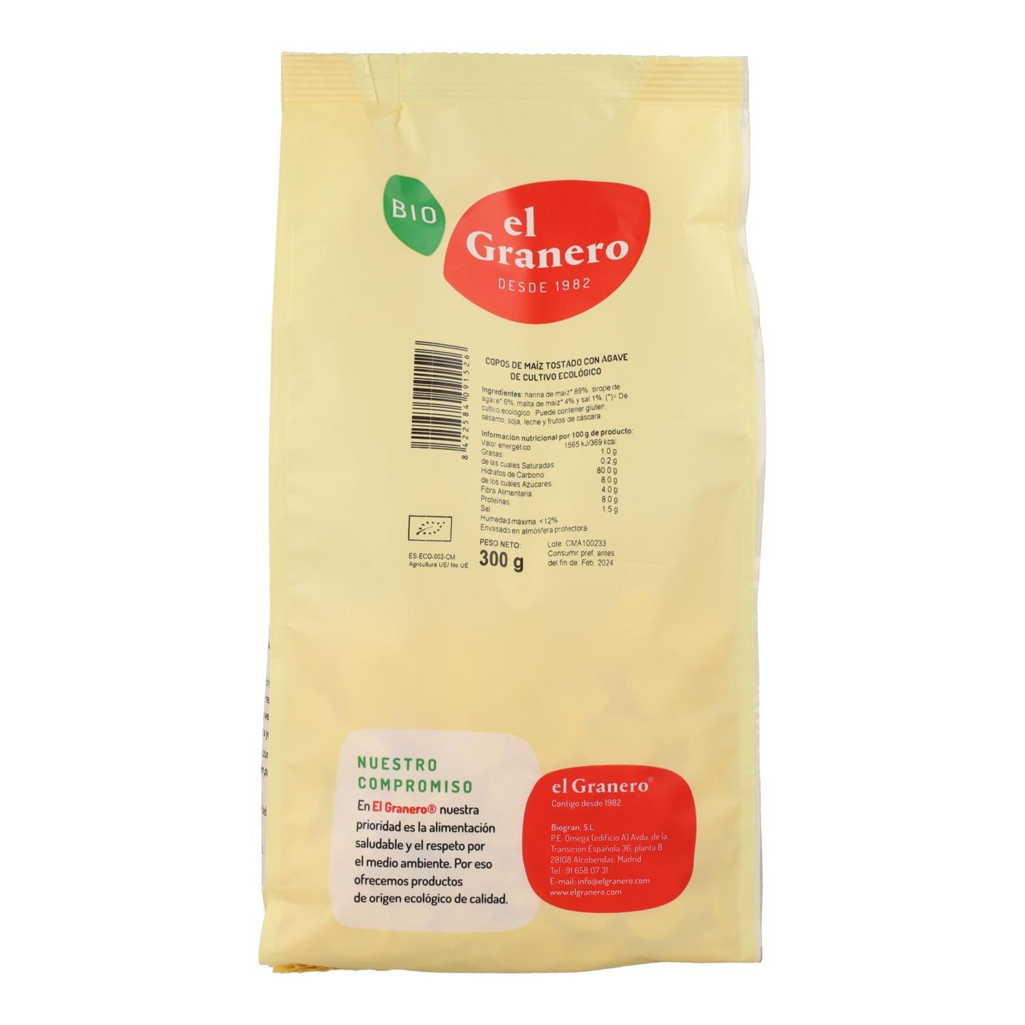 Copos de Maíz tostado con Ágave BIO El Granero, 300g