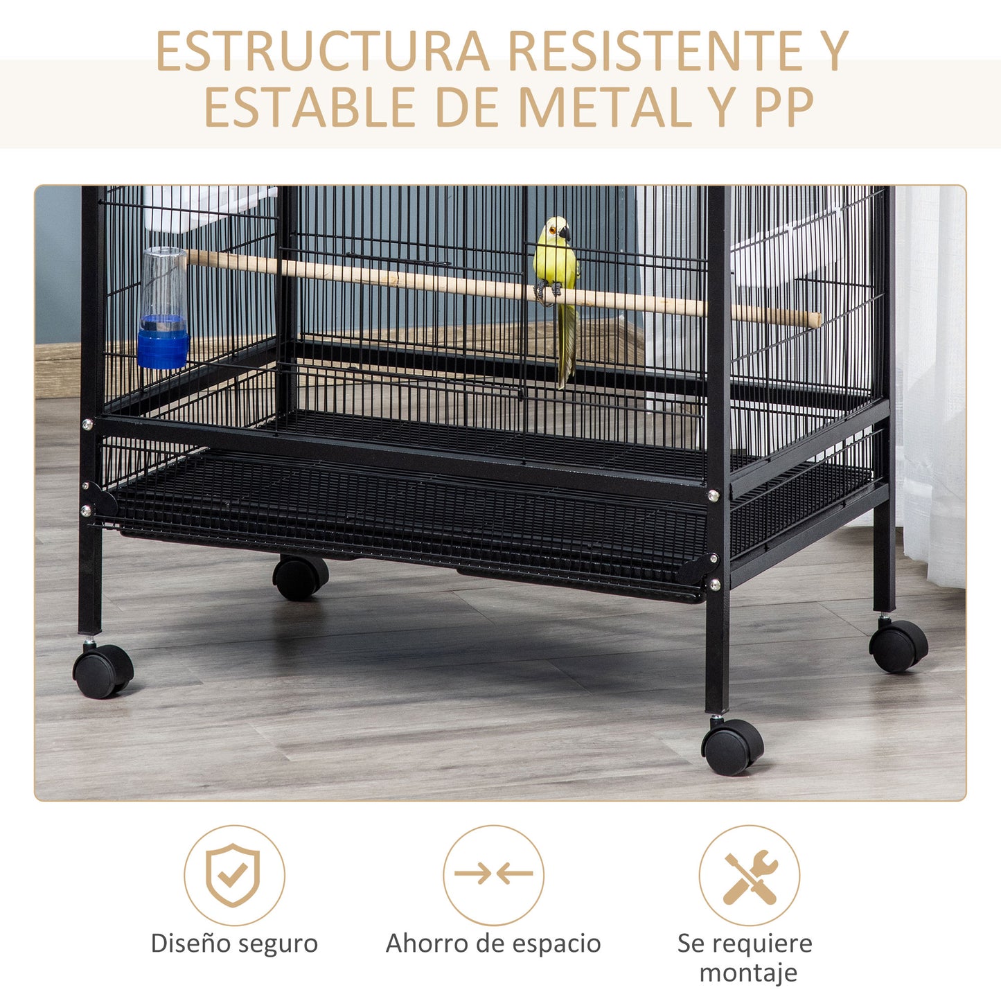 Pawhut Jaula Para Pájaros Con 4 Ruedas Con Comederos Y Bandeja 79x52x137cm Negro_5