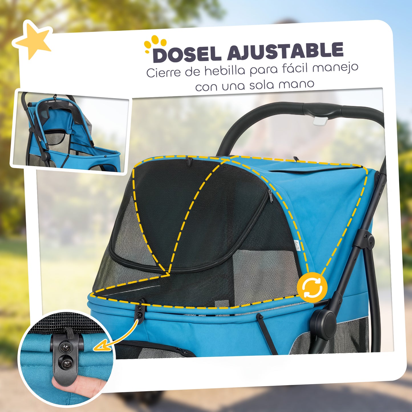 Pawhut Carrito Para Perros Medianos Plegable Con 3 Ruedas Cojín Lavable Azul_5