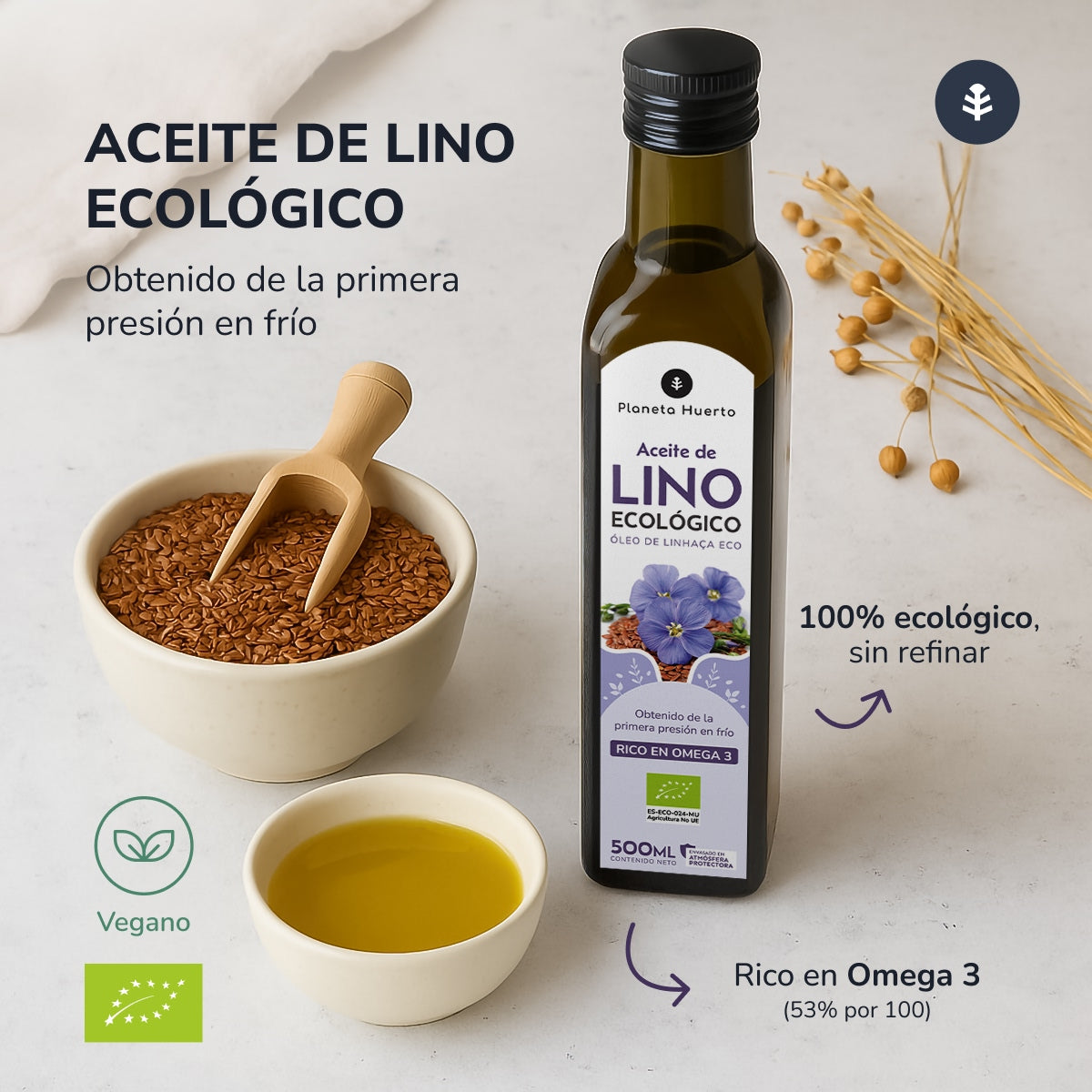 Aceite de Lino prensado en frío  ECO Planeta Huerto 500 ml
