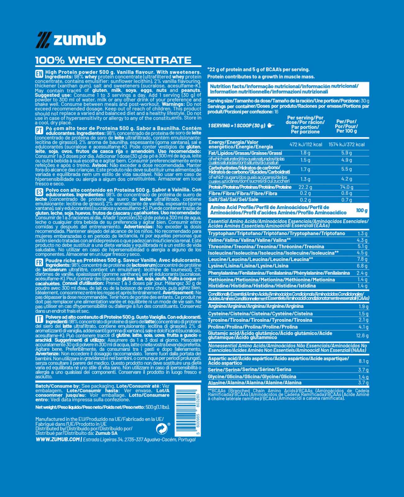 Zumub 100% Whey Concentrate 500 G  - Vainilla