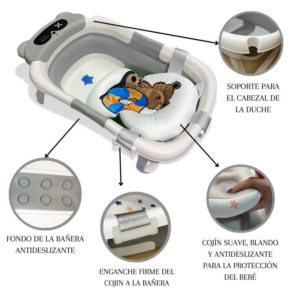 Bathby Bañera Plegable Para Bebés Recién Nacidos, Cojín Oso, Termómetro, Patas Antideslizantes (gris Oso)