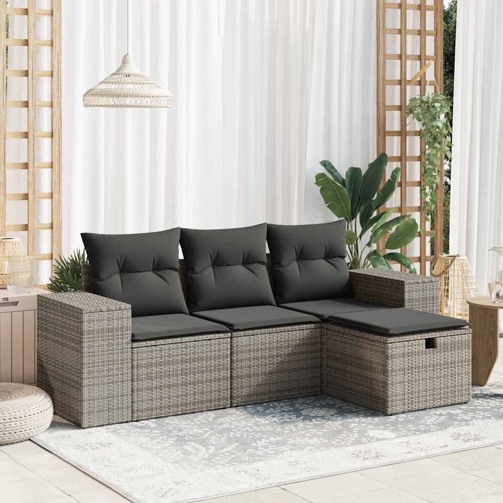 Set De Sofás De Jardín 4 Pzas Y Cojines Ratán Sintético Gris / Vetonek_5