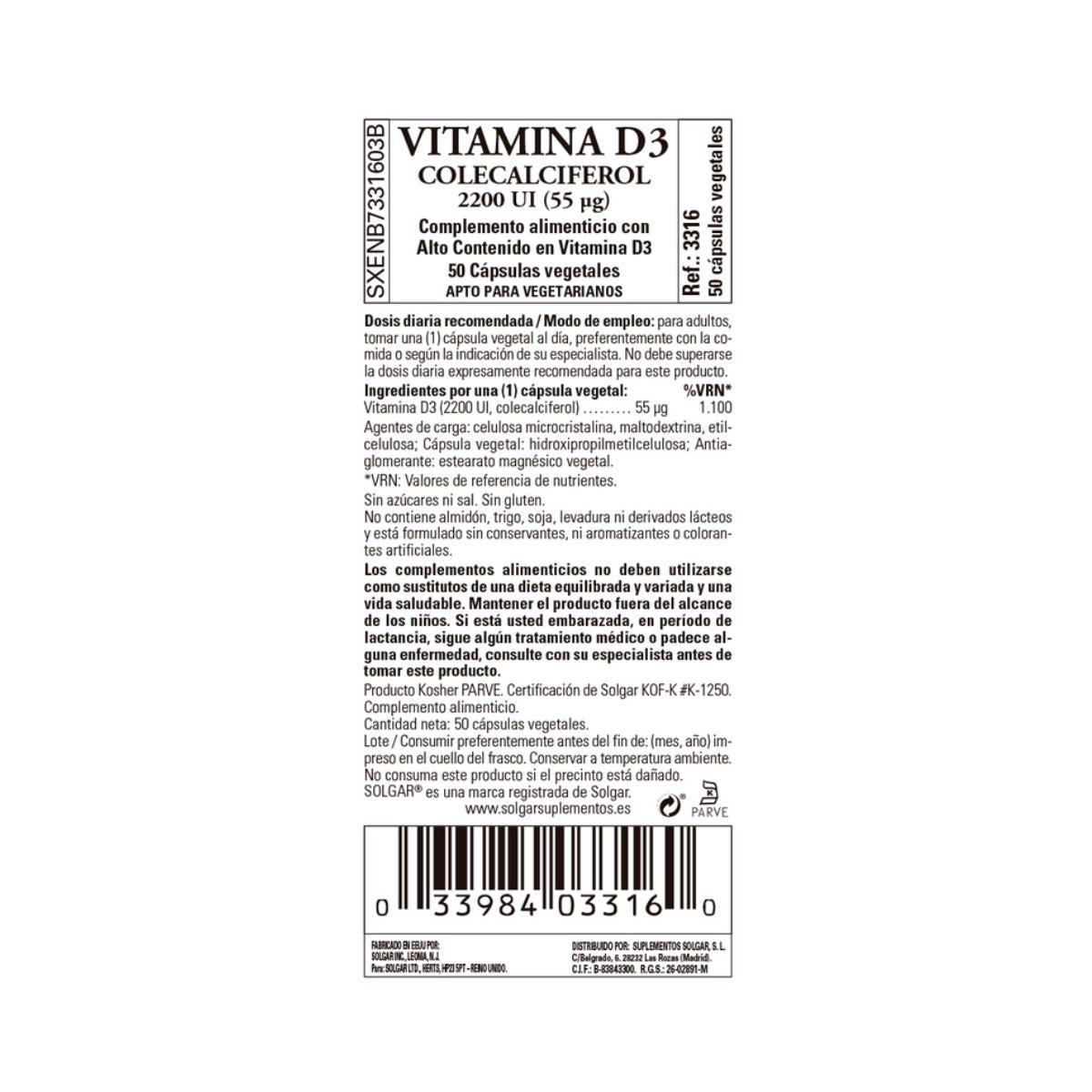Vitamina D3 2200 UI 50 cápsulas vegetales