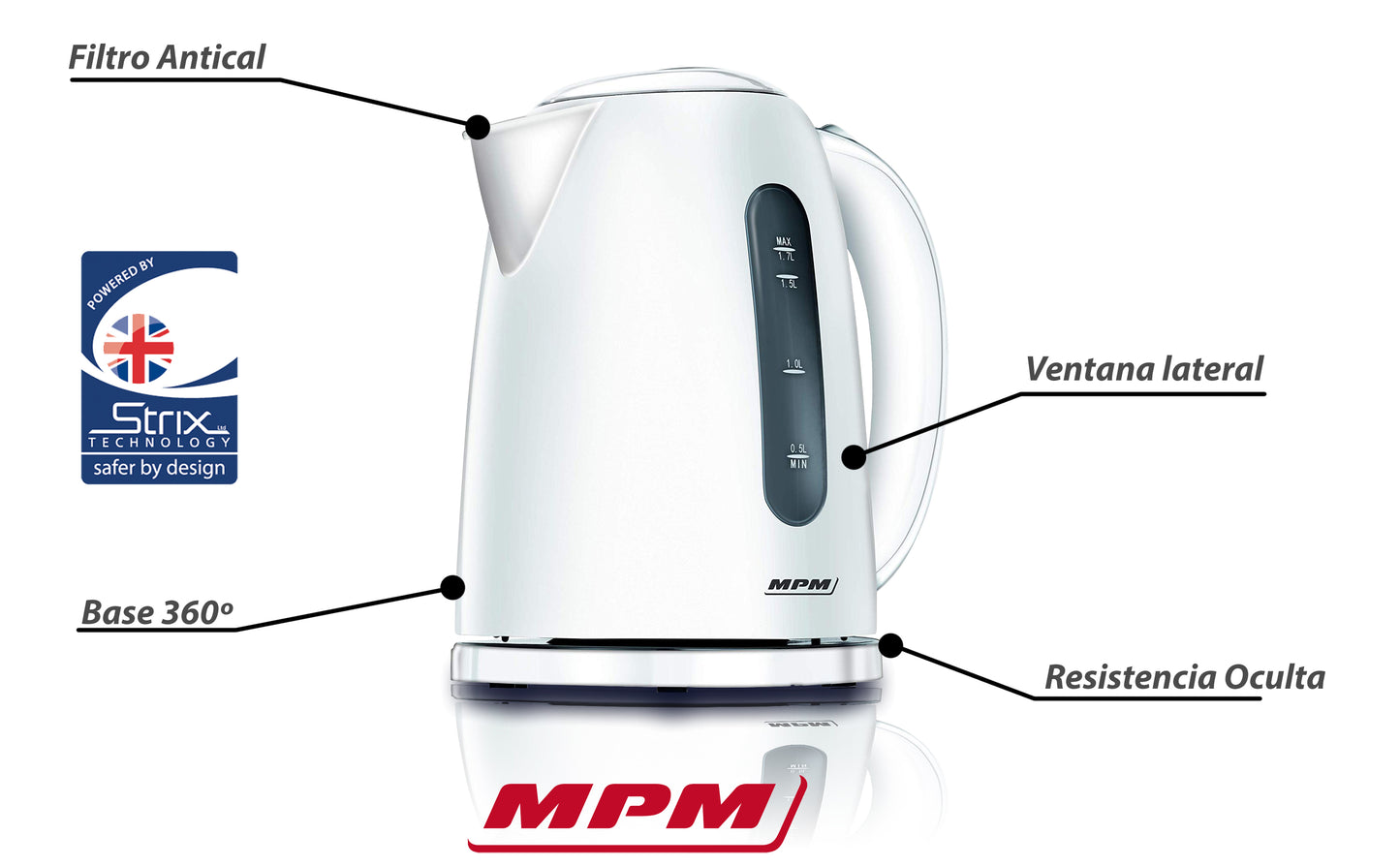Hervidor Agua Eléctrico, 1,7l, Sin Bpa, Resistencia Oculta, Inalámbrico, Apagado Automático Mpm Mcz-85, 2200w