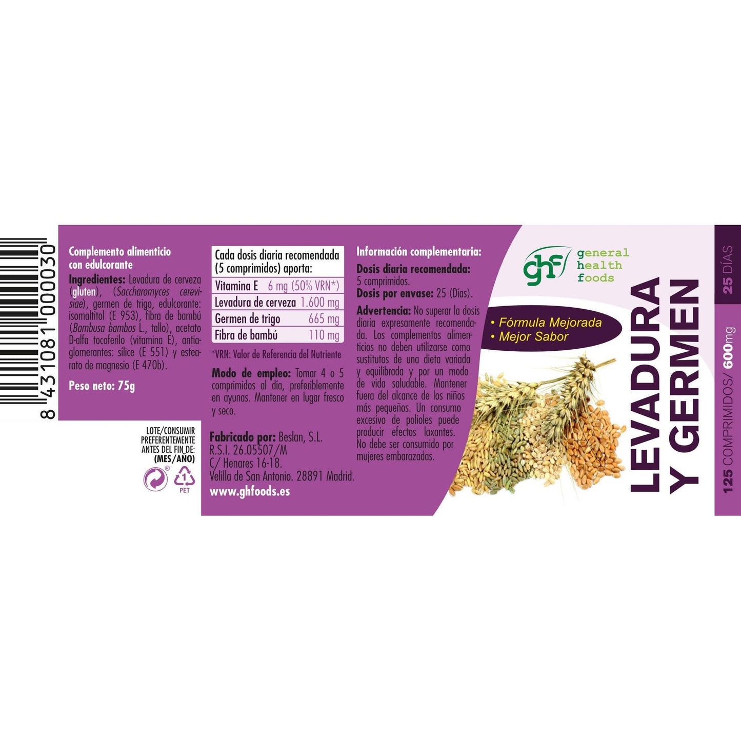 Levadura + Germen 600 mg 125 Comprimidos GHF