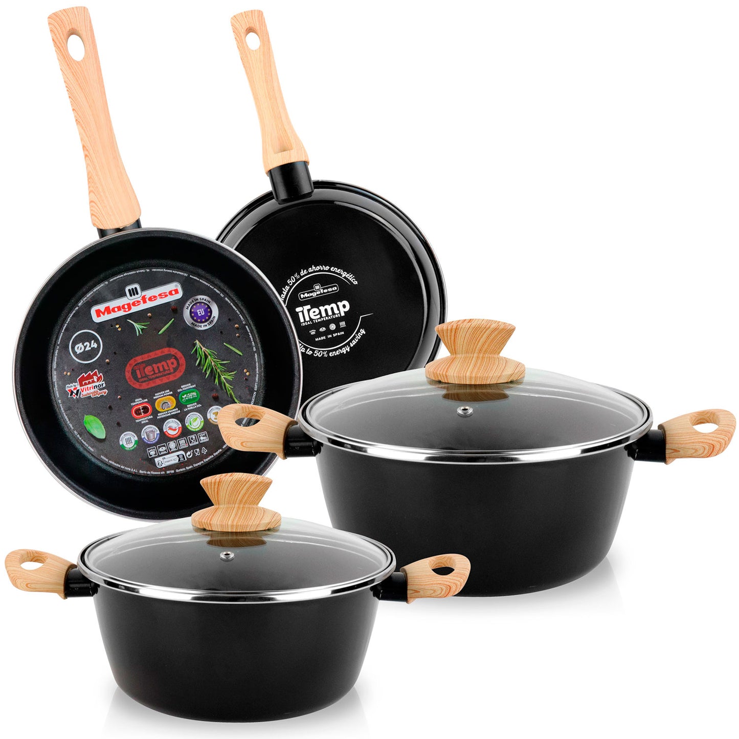 Batería Cocina Inducción 6 Piezas, Antiadherente Libre Pfoa, Exterior Negro Asas Efecto Madera Magefesa Orbe, Negro